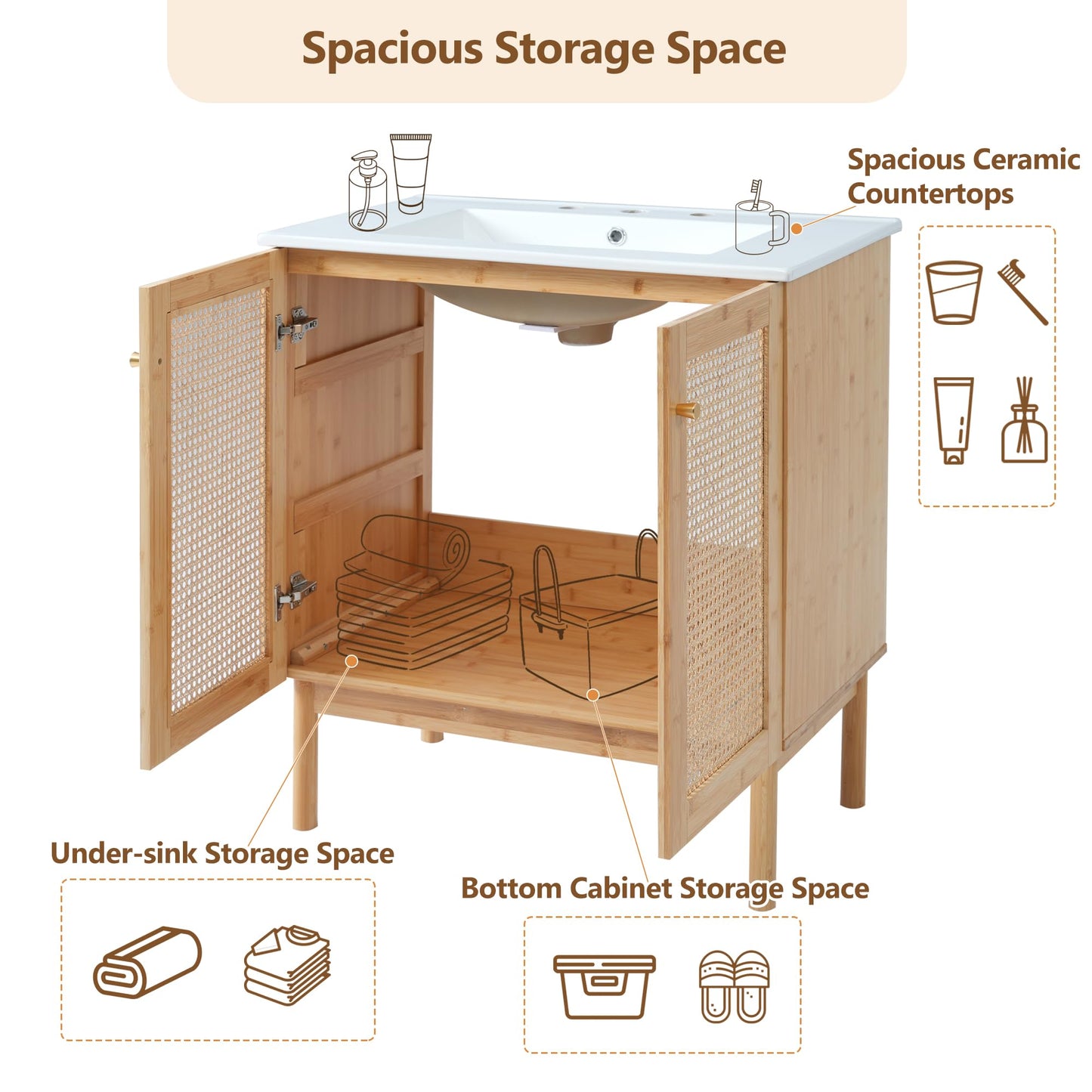Merax 30" Fluted Bathroom Vanity with Ceramic Sink Combo，Freestanding Modern Bathroom Storage Vanity Cabinet with Featuring Handmade Rattan Doors，Zinc Alloy Handle,Wood