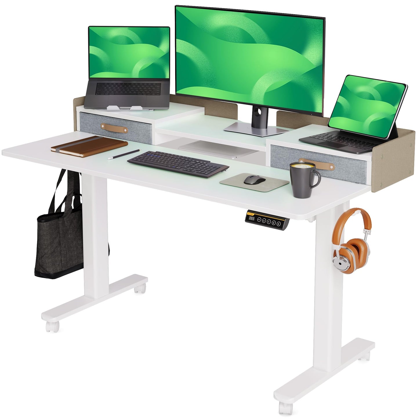 Claiks Standing Desk with Drawers, Stand Up Electric Standing Desk Adjustable Height with Storage Shelf and Splice Board, 55 Inch, White