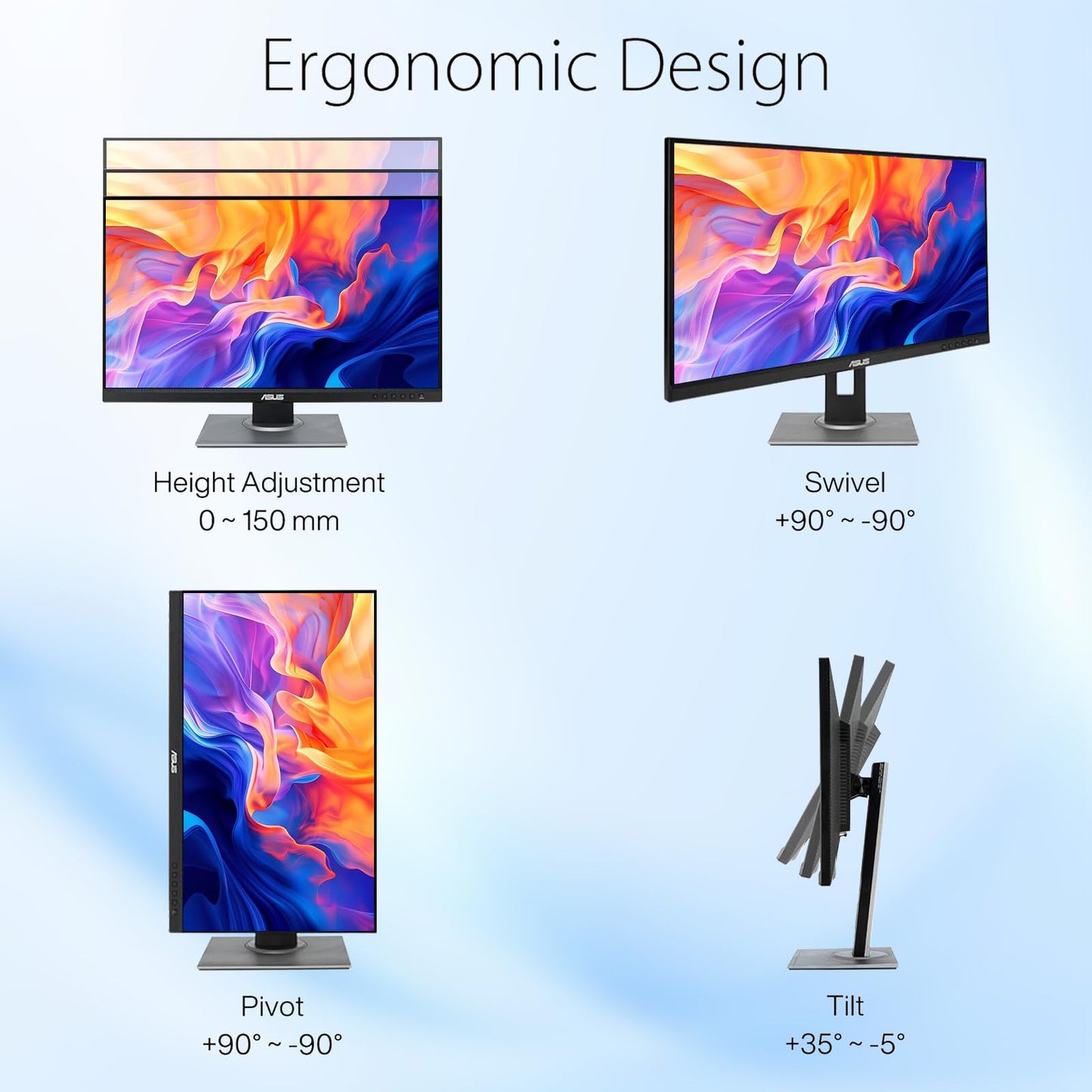ASUS ProArt 27" WQHD Monitor, IPS Display, 100% sRGB, Calman Verified, Ergonomic Stand | DisplayPort | HDMI | DVI-D Mini DP | USB Hub, Eye Care, Ergonomic Tilt Height Pivot Swivel Adjustable Stand