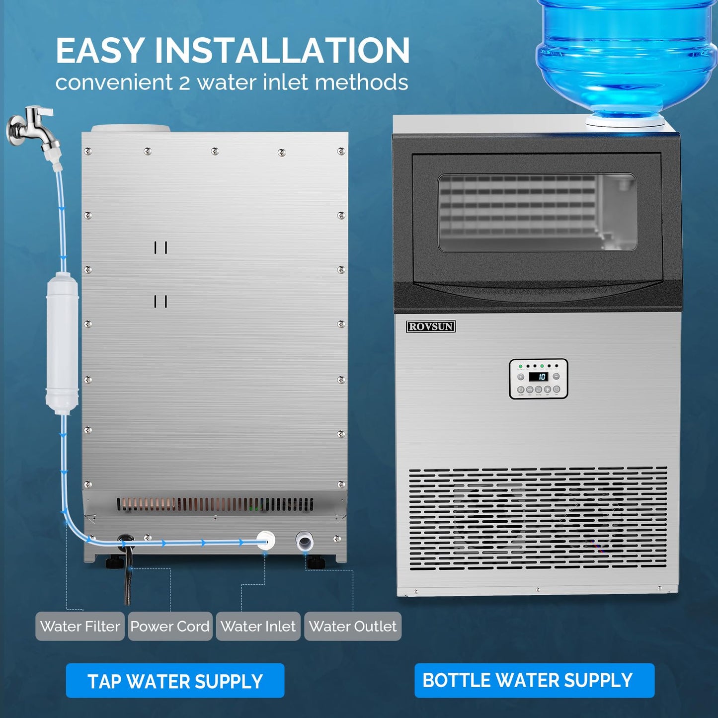 ROVSUN 110LBS/24H Commercial Ice Maker Machine with 50lbs Storage Bin, Freestanding/Countertop Ice Machine with 2 Water Inlets, Ice Scoop & Water Filter for Home Office Restaurant Bar Cafe Use