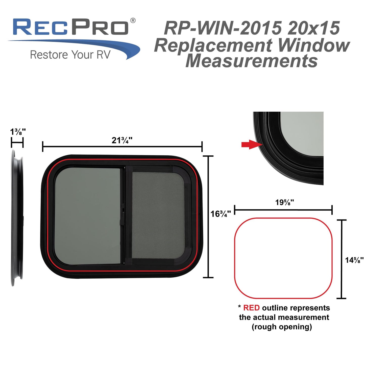RecPro RV Window Replacement | Teardrop Style | 20inW x 15inH | Horizontal Sliding | Black | Model RP-WIN