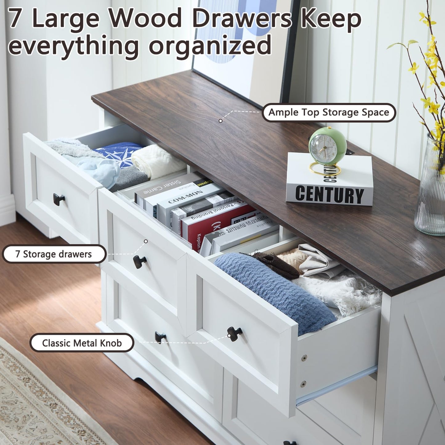 7 Drawers Dresser, Farmhouse Dresser Chest of Drawer for Bedroom, Modern Wood Drawers Dressers with Charging Station, Chest of Drawers Storage Cabinet for Living Room, Entryway, Hallway, White