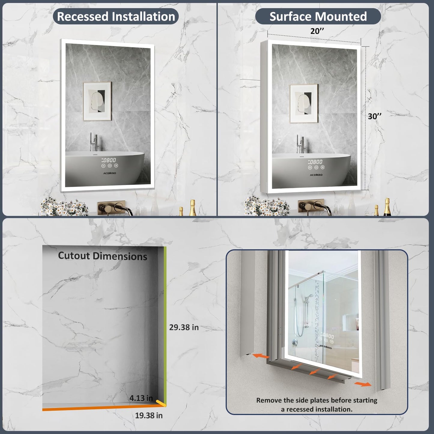 ACEMIRO 20"×30" Bathroom Mirror Cabinet, Recessed Lighted Medicine Cabinet with Mirror, Dimmable 3 Color Lights, Clock & Room Temp Display, Defogger, LED Bathroom Cabinet with Storage, Left Hinge