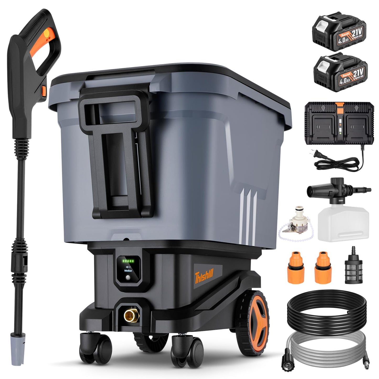 This Hill Cordless Pressure Washer with Water Tank, 2000 PSI Portable Power Washer, Brushless Motor, Dual 21V 4.0Ah Batteries, 3 Pressure Modes, Foam Cannon for Cars, Patio & Camping