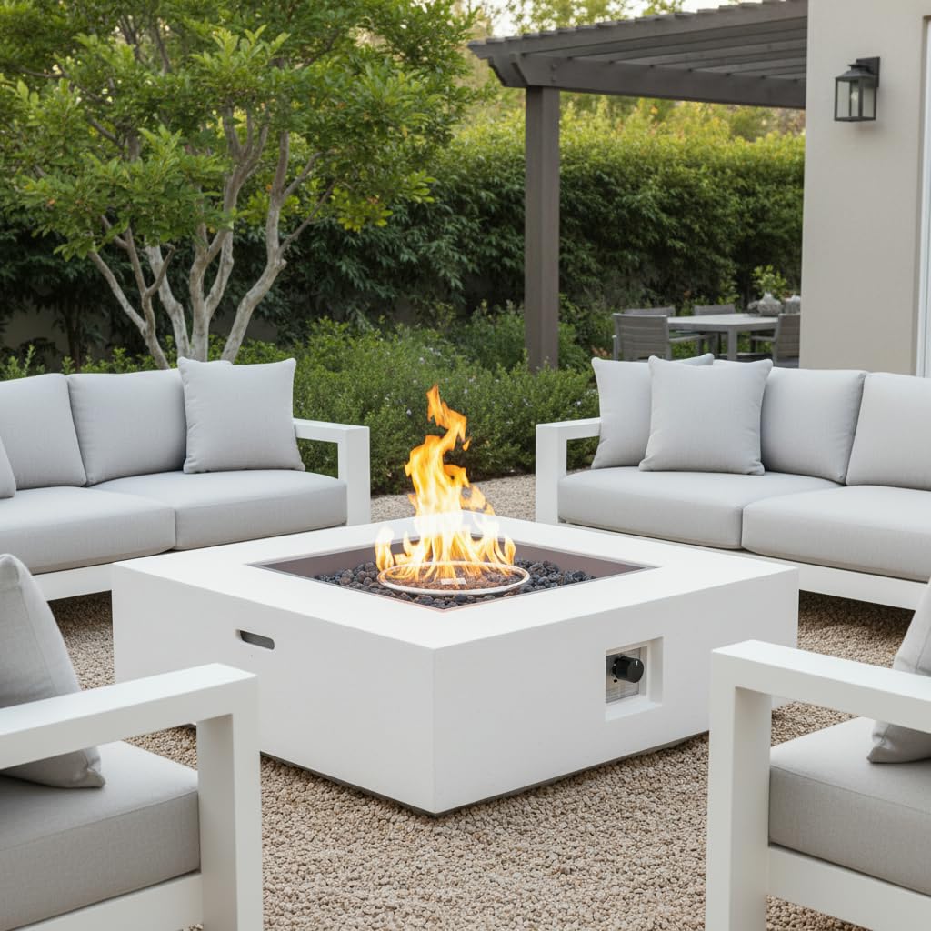 Christopher Knight Home Yuna Outdoor Propane Fire Pit Table with Lava Rock, No Assembly MGO Tank Table for Patio/Deck, 50000 BTU, Square Tabletop Fire Pit Outdoor, Patio Fire Table, White