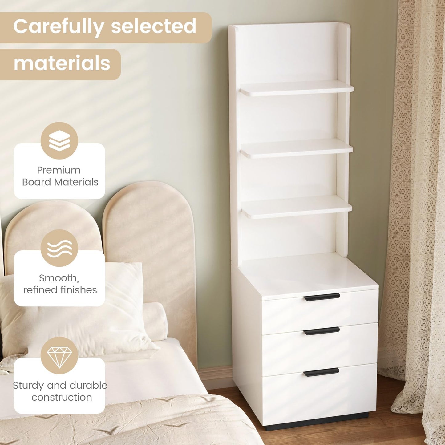 QEZEOM Tall Nightstand with Drawers & Open Shelves, 51.18" Bedside Storage Cabinet, Modern Free-Standing Bedroom End Table with Bookcase, Space-Saving, Easy Assembly, White