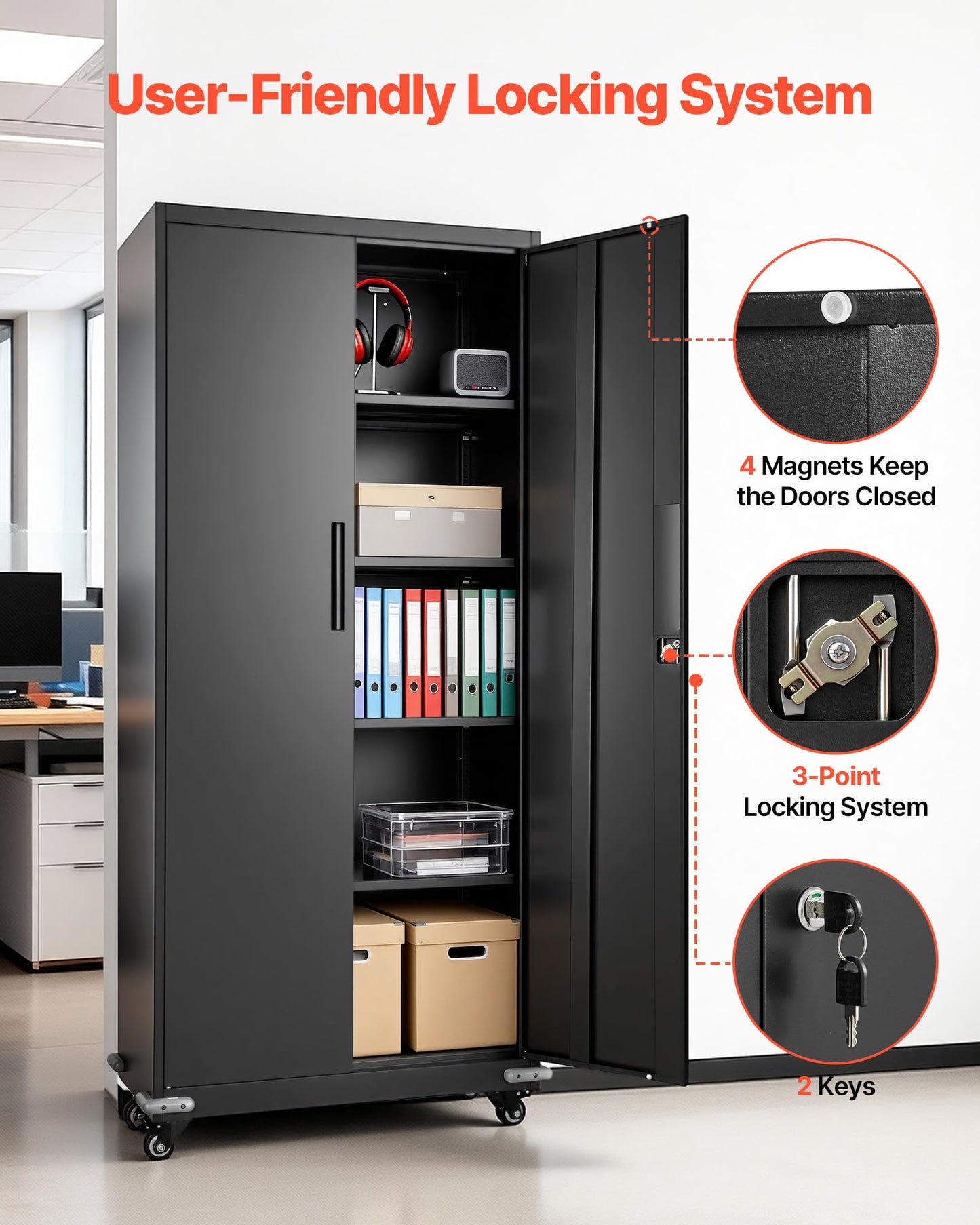VEVOR Metal Storage Cabinet, 72.6 in Rolling Steel Garage Cabinet with 4 Adjustable Shelves, 2 Magnetic Doors & 2 Keys, 5 Tiers Lockable Tool Storage for Pantry, Warehouse, Basement, Office, Black
