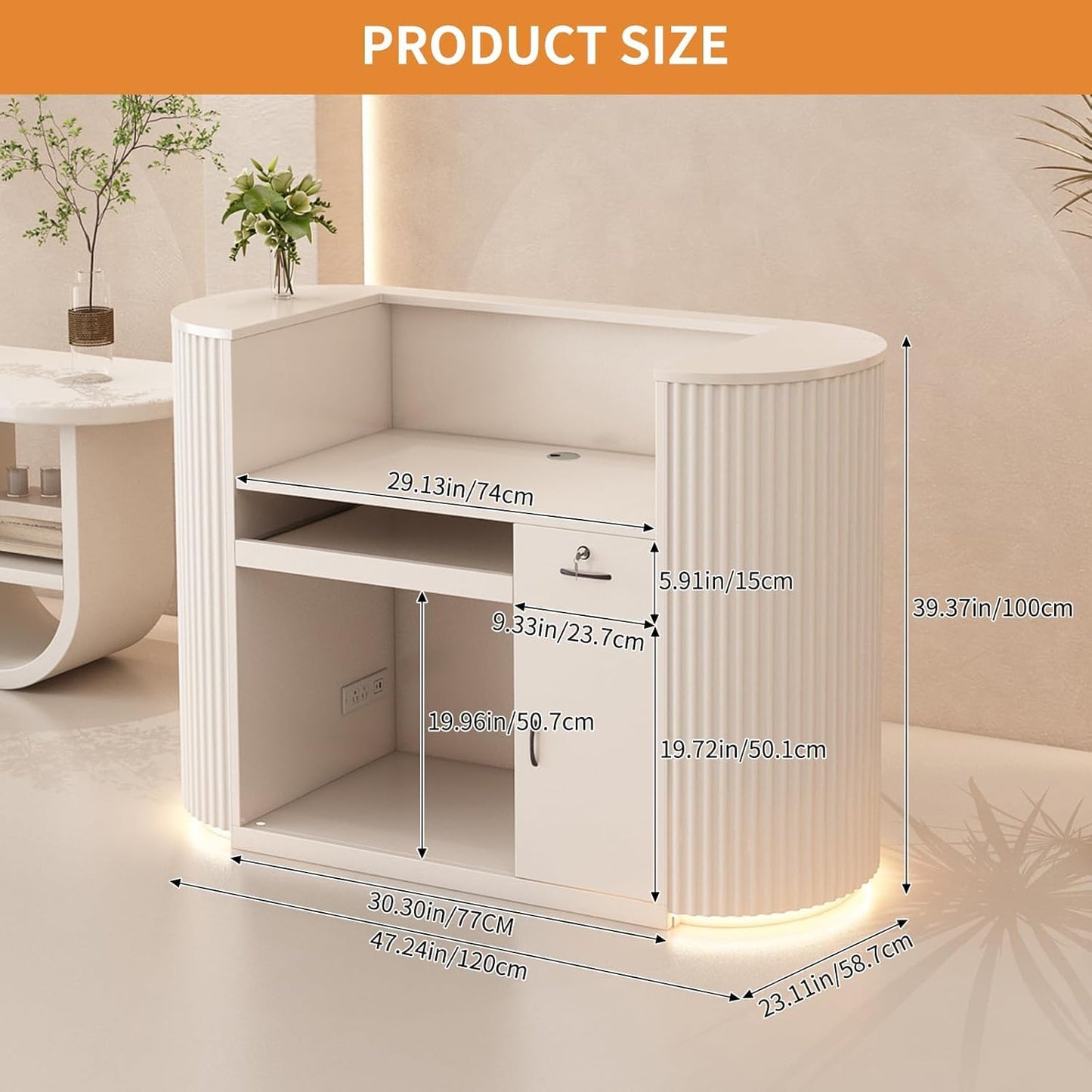 Reception Desk with Counter, Upgraded 47" Front Desk with Cable Grommet Reception Room Table with Storage Cabinet Retail Counter with LED Lights & Power Outlets for Lobbies, Salons, Home Office