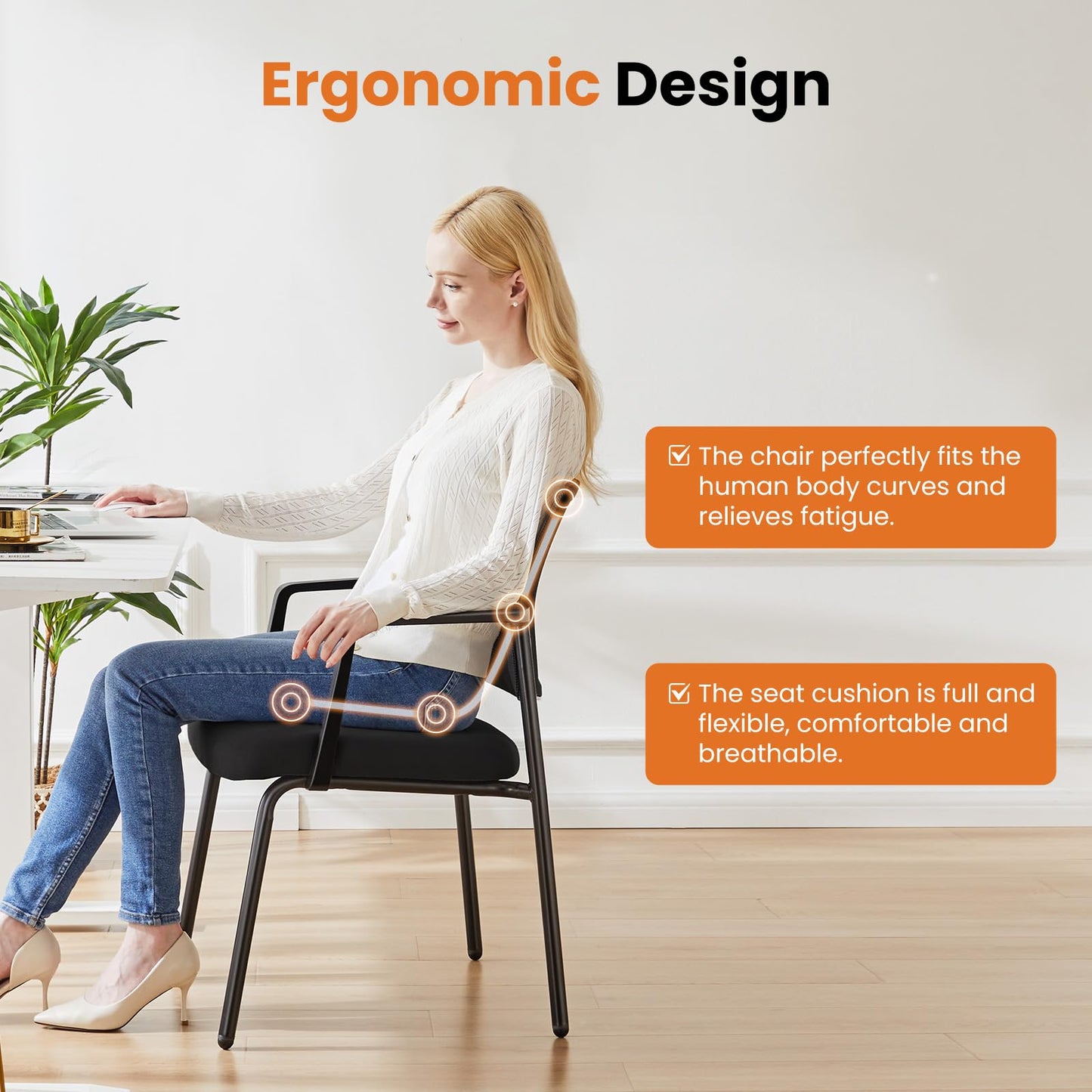 Sweetcrispy Mesh Back Stacking Arm Chairs, Upholstered Fabric Stacking Chairs, Sturdy Metal Office Chairs, Easy to Use and Store, Outdoor and Indoor, for Home, School, Party, Church, 4 Pack Black