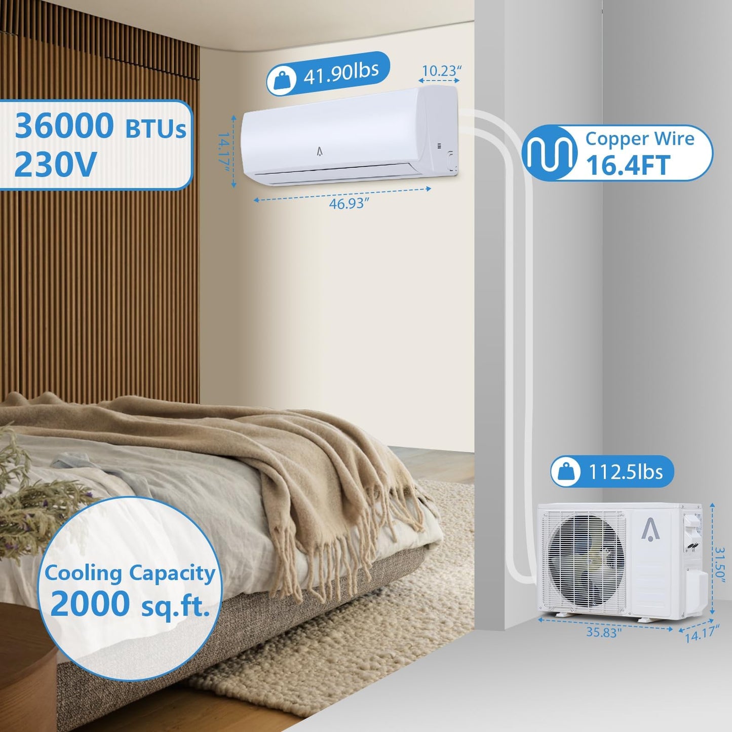 23,000 BTU Mini Split Air Conditioner, 19 SEER2 Split Ac/Heating System, Inverter Ductless Air Conditioner w/Alexa, Heat Pump & Installation Kit, Cool Up to 2000 Sq. Ft, 230V
