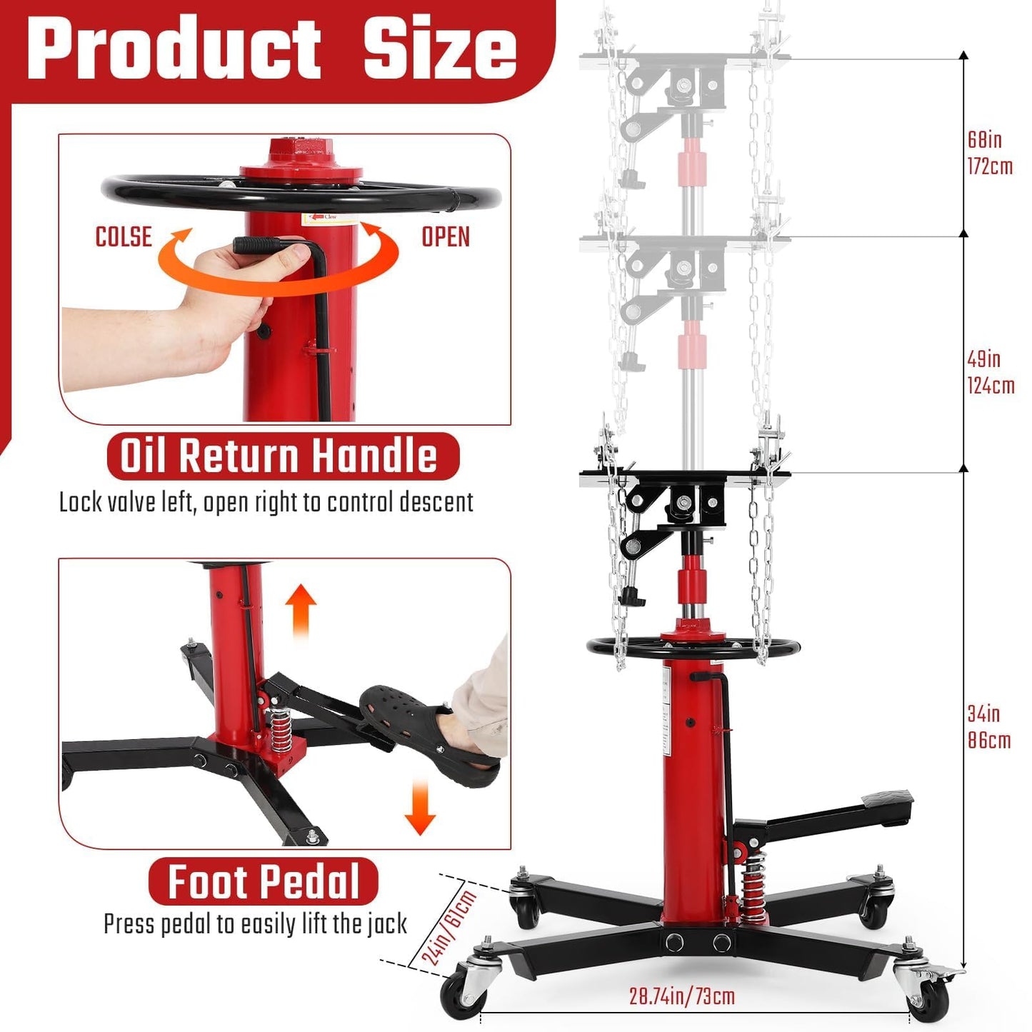 Transmission Jack 1322 LBS, Hydraulic Telescoping Stand with Foot Pedal & 360° Swivel Wheels, 34"-68" High Lift Transmission Jack for Car, Truck, SUV Repairs in Garage Workshop