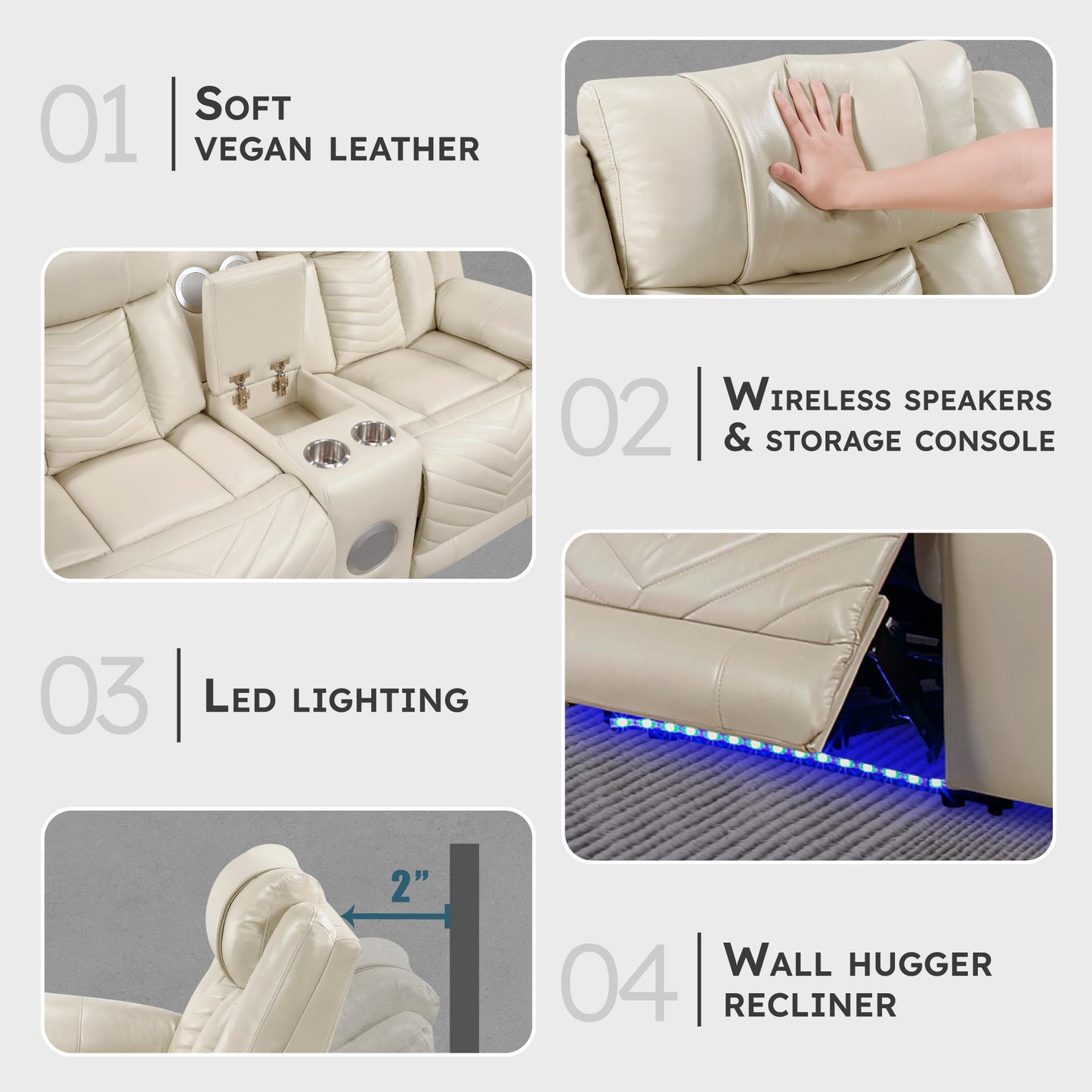 Lexicon Wall Hugger Power Double Reclining Loveseat with Console, Faux Leather Home Theater Seating with LED Lighting, Charging Ports, Bluetooth Speaker Wireless, Cup Holders, Hidden Storage, Beige