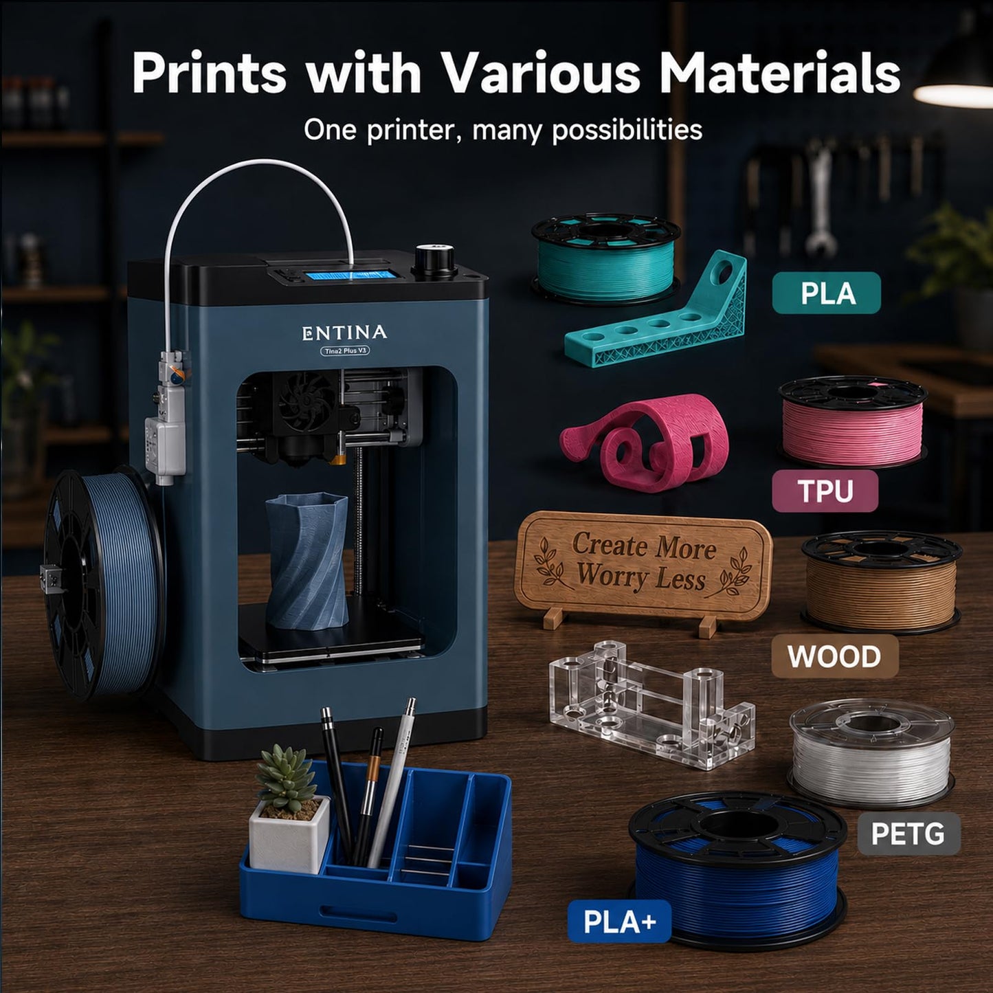 ENTINA TINA2PLUS 3D Printer,250 mm/s Fast Printing,Fully Assembled,Auto Leveling,245℃ Quick-Detach Nozzle,Dual-Sided PEI Coating Plate,Mini 3D Printer with Wi-Fi & App Control-from Beginners to Makers