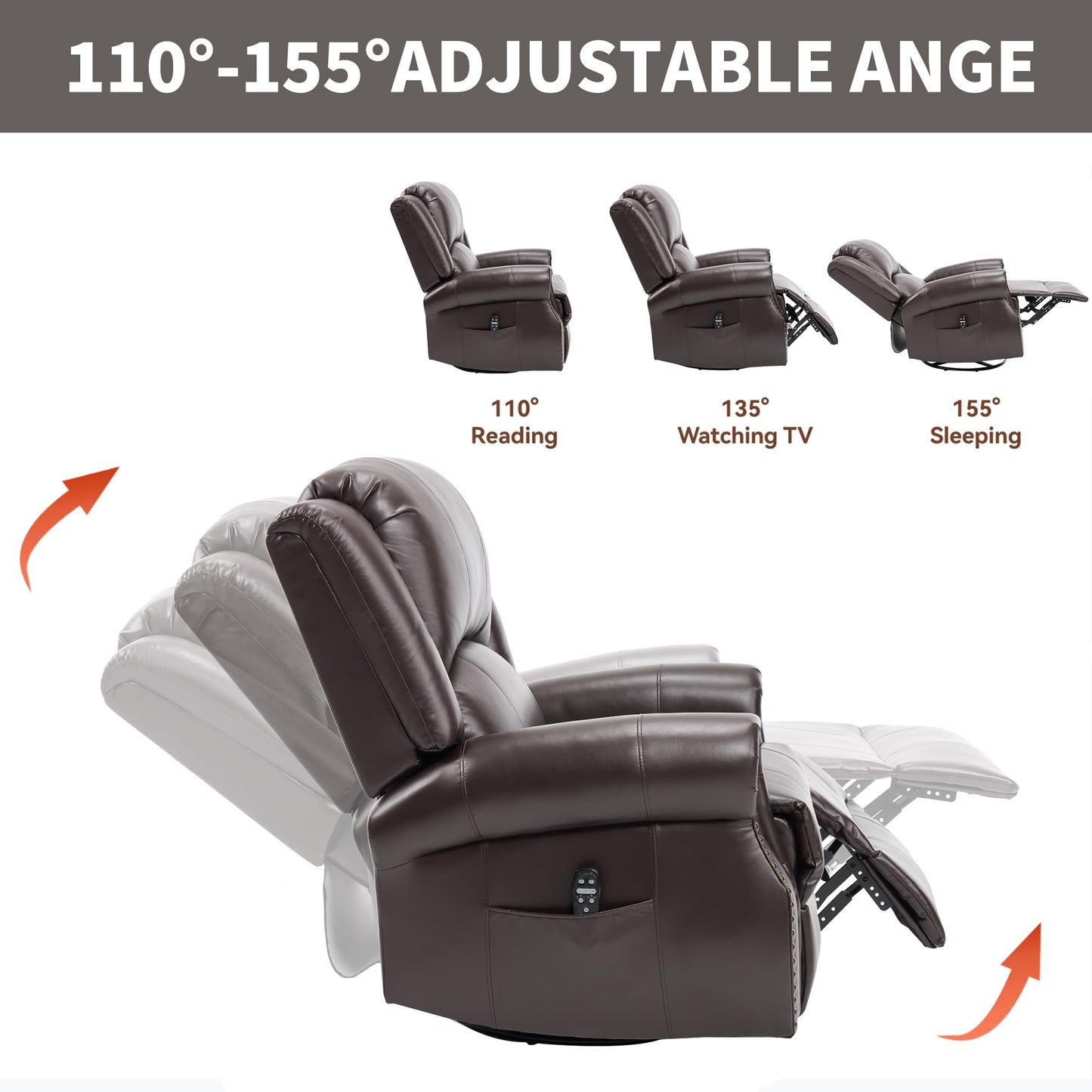 GDFStudio Heat Massage Swivel Rocker Recliner Chair, Manual Fabric Recliner with 360° Swivel, Rocking Function, Lumbar Heat and 8-Point Massage, Overstuffed Living Room Reclining Chair, Brown
