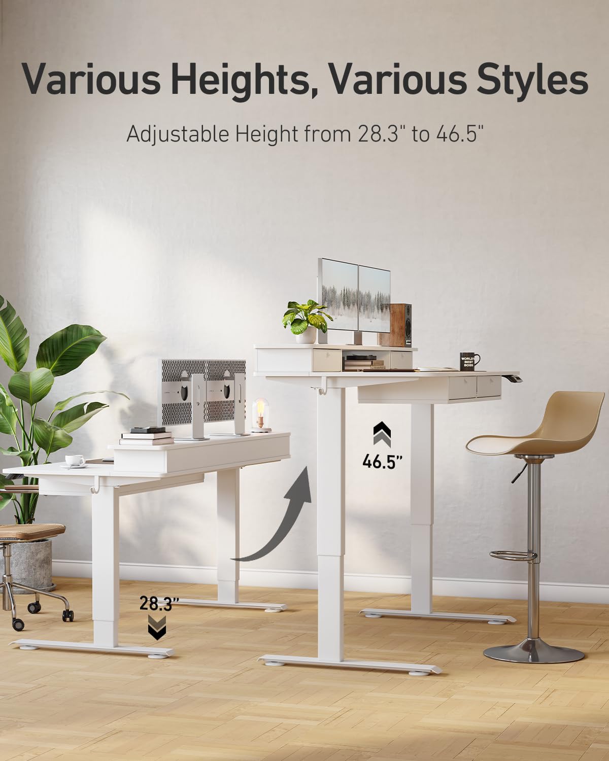 CubiCubi 60" x 30" Standing Desk with Drawers, Height Adjustable Electric Workstation, Computer Sit Stand Up Table with Large Storage Shelf 4 Drawers and 2 Hooks, White