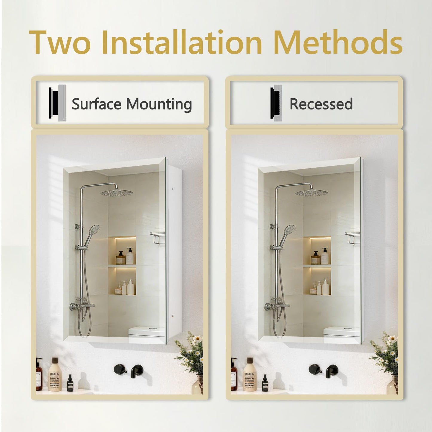 FUMANGO 22"x30" Metal Medicine Cabinet,Bathromm Mirror Cabinet with 2X Magnifying Mirror,Soft Closing Hinge,A Mirror Cabinet with a Bevel,Recessed or Surface Mount,White