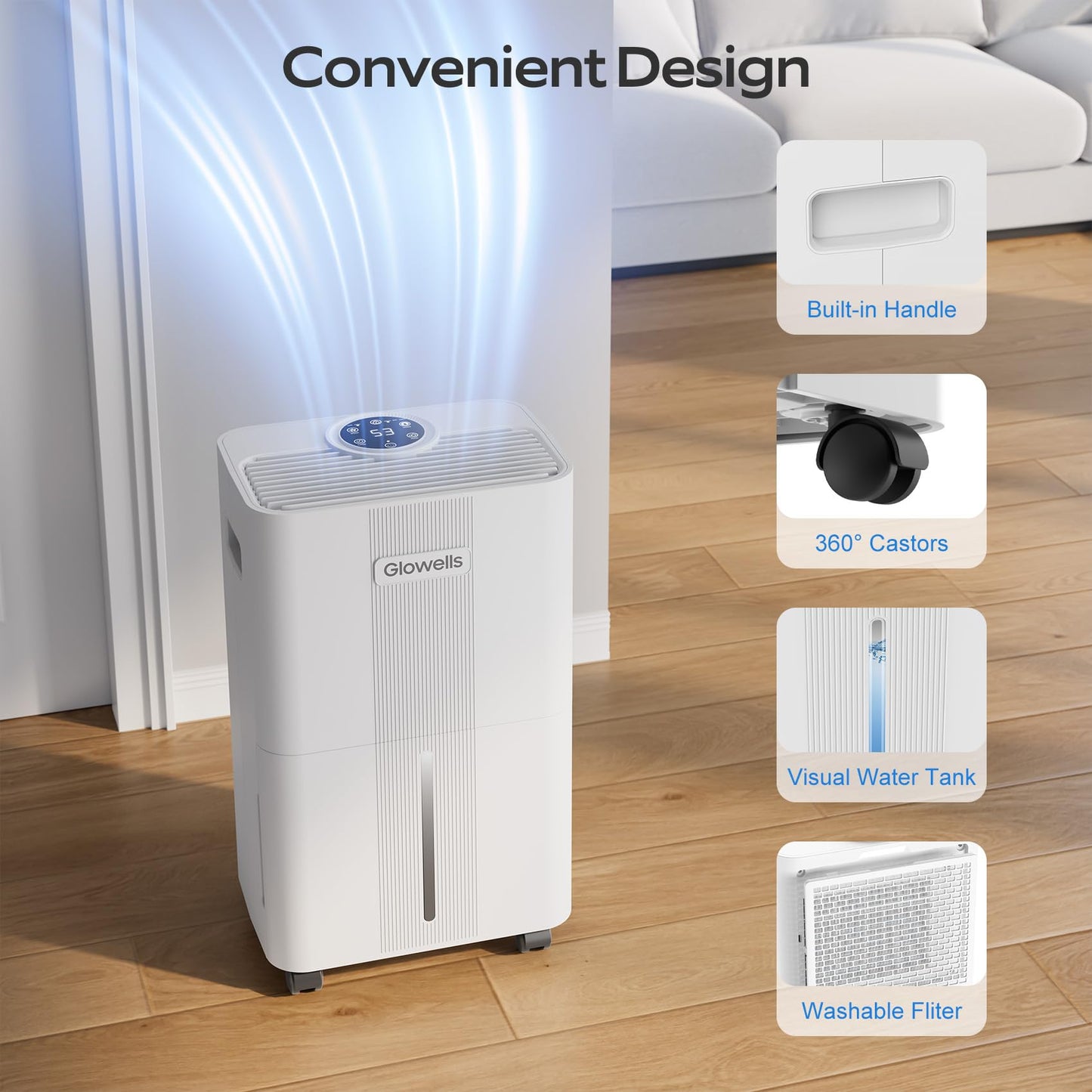1500 Sq.Ft Dehumidifier for Basement with Drain Hose, Glowells 21 Pints Dehumidifiers for Home, Bathroom, Bedroom Large Room, RV, Three Modes, Quiet with Smart Compressor, Dry Clothes, 24H Timer