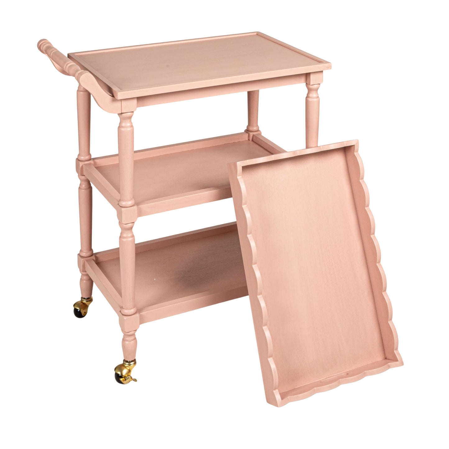 Creative Co-Op 3-Tier Bar Cart on Casters with Removable Scalloped Tray, Pink