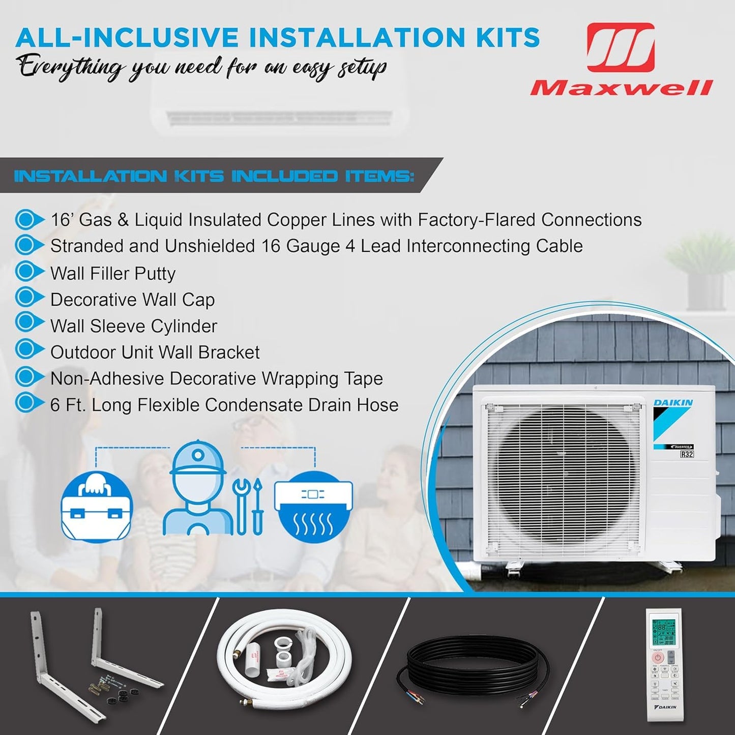 Daikin 12,000 BTU 20 SEER2 Oterra R32 Series Ductless Mini-Split Air Conditioner with Installation Kit and Wall Bracket- 230V