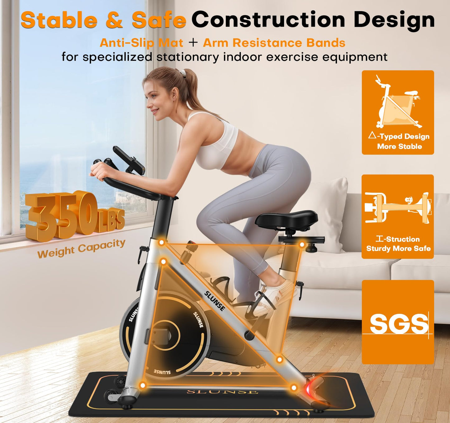 Exercise Bike, Magnetic Resistance Stationary Bikes for Home with App Compatible, Silent Indoor Cycling Bike with 350lbs Weight Capacity Comfortable Seat, Digital Monitor & Phone Mount, Grey Orange