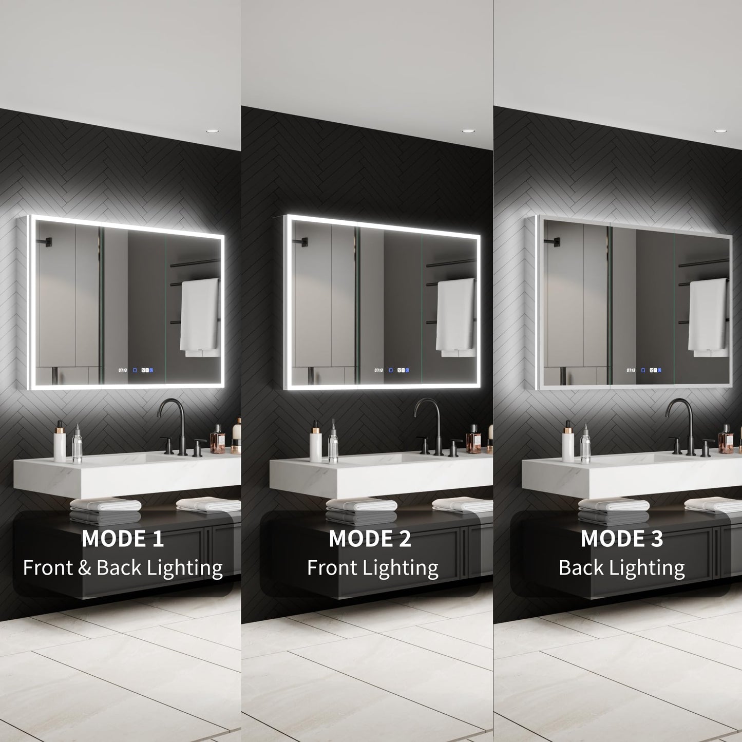 ExBrite 48 x 32 Lighted Medicine Cabinet with Mirror, Front&Backlit led Medicine Cabinet,Clock Temp Display,Defog,5X Magnifier,3 Colors Temper Dimmable,Surface or Recessed Mount,Door Wide Open