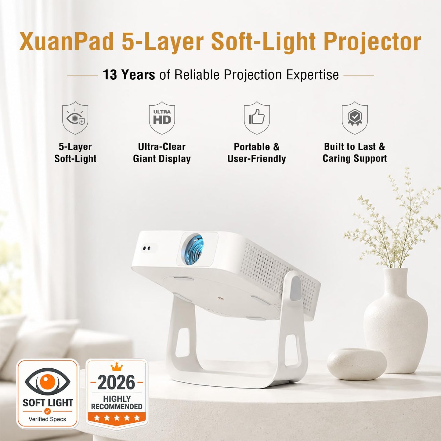 [Officially-Licensed App & Auto Focus]White Smart Mini Projector with WiFi and Bluetooth, XuanPad 4K Support Movie Projector, Portable Native 1080P Outdoor Projector with 360° Stand