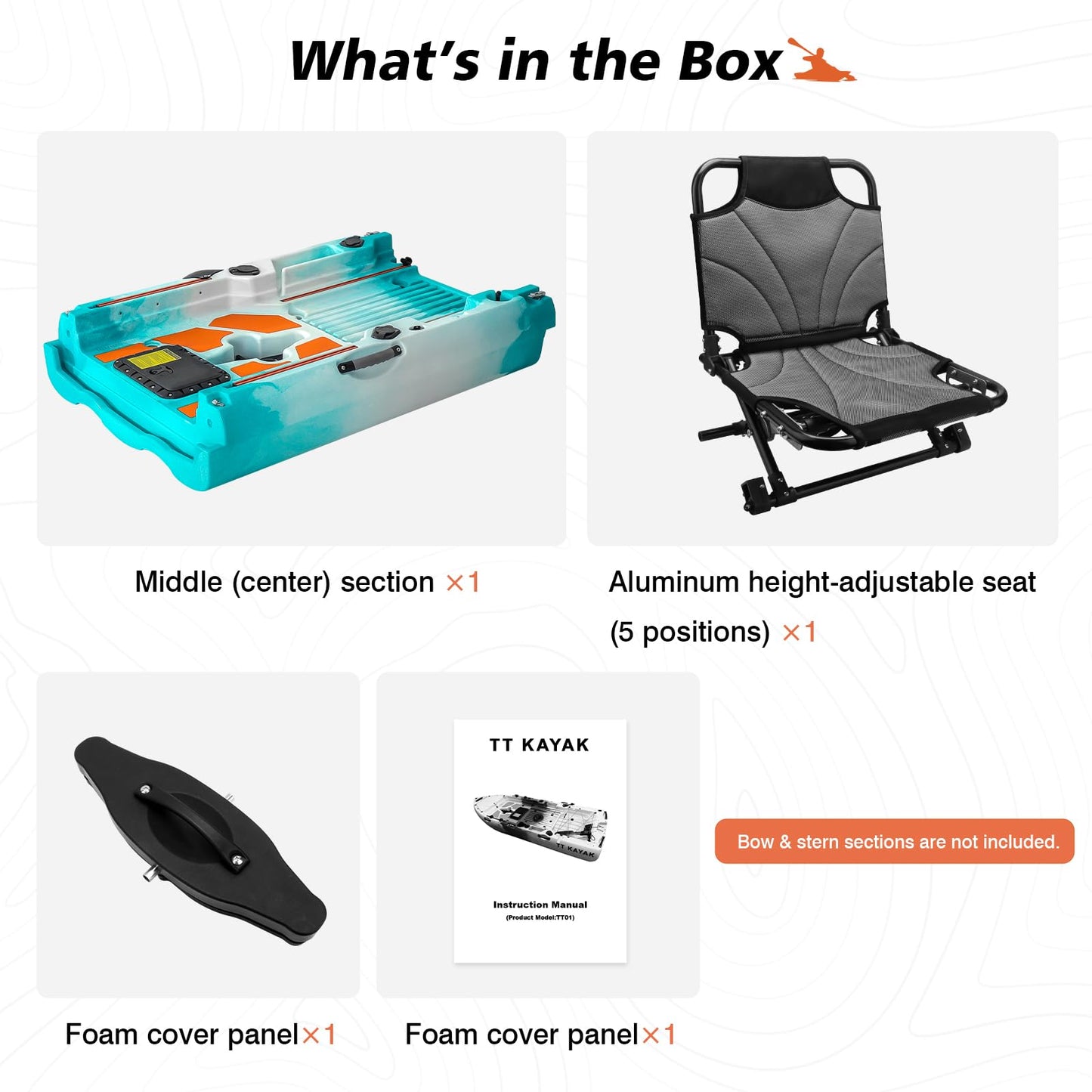 Modular Middle Extension Section-with Adjustable Height Seat, Converts Single to Tandem Fishing Kayak, Compatible with 110in Modular Sit-on-Top Kayak (2-Person Kayak-Only Middle Section)