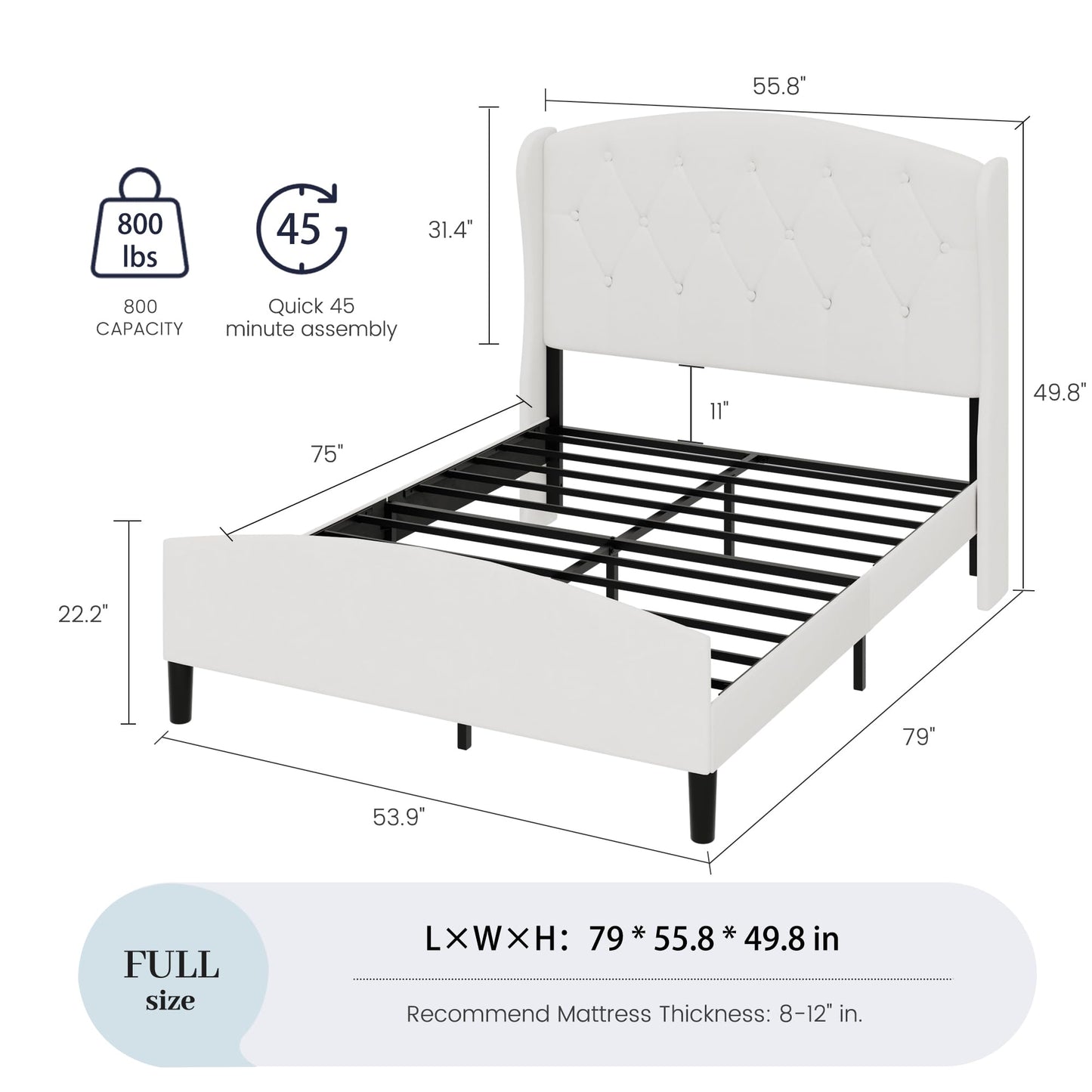 SAMTRA Full Bed Frame with Extra Tall 51" Wingback Headboard, Soft Velvet Upholstered Platform Bed Frame, Modern Cloud Bed, Noise-Free, Metal Slats Support, No Box Spring Needed