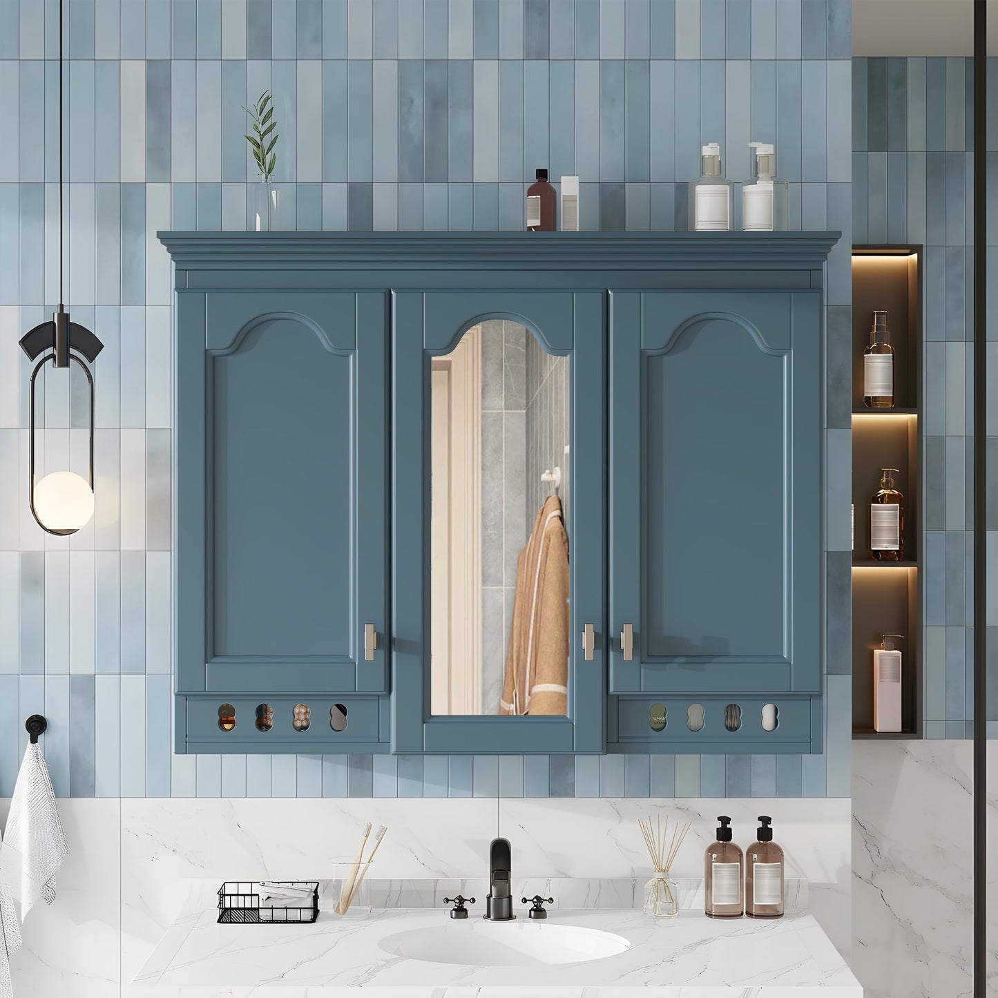 Merax Country Bathroom Medicine Cabinet with Mirror, 36" x 28" Wall Mount Bathroom Storage Cabinet with Soft-Close Doors and Adjustable Shelves, Over Toilet Wall Cabinet