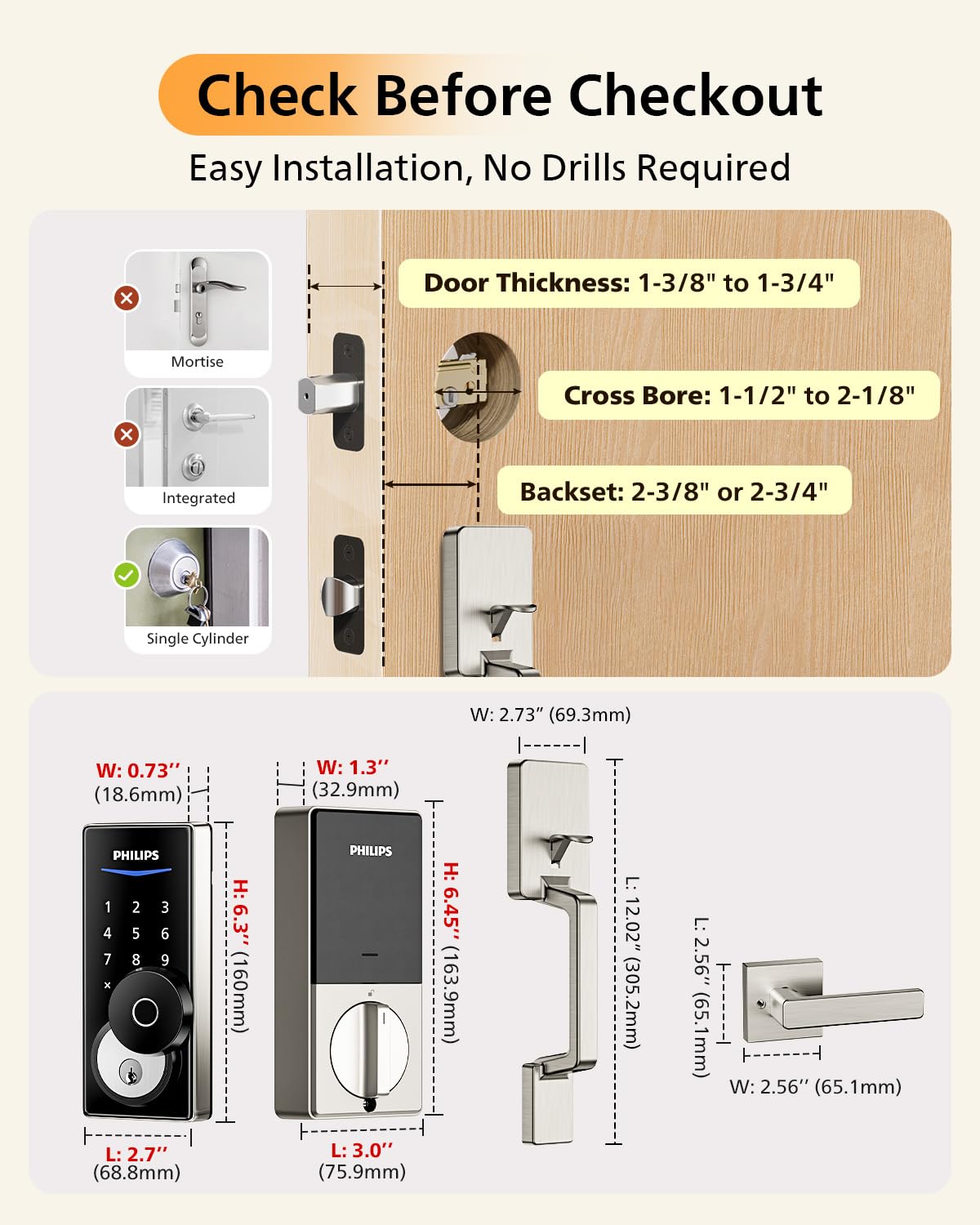 Philips WiFi Smart Lock with Front Door Handle Set, Built-in WiFi, APP Remote & Voice Control, Fingerprint Keyless Entry Door Lock, Keypad Deadbolt Smart Locks for Front Door, Auto-Lock, Satin Nickel
