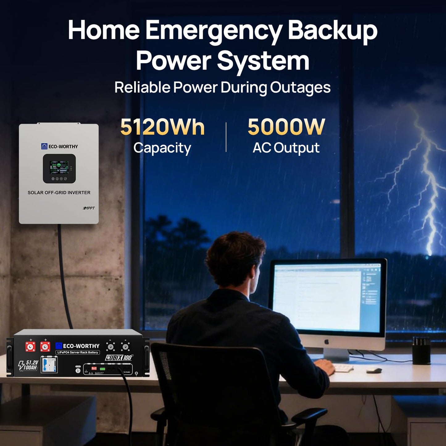ECO-WORTHY Home Power Station Backup Power,5120Wh LiFePO4 Battery Support Communication,Bluetooth and WiFi,AC 5000W Inverter,1Hr/2.5Hr Fast Charge,for Home Backup,Emergency,Solar System Components