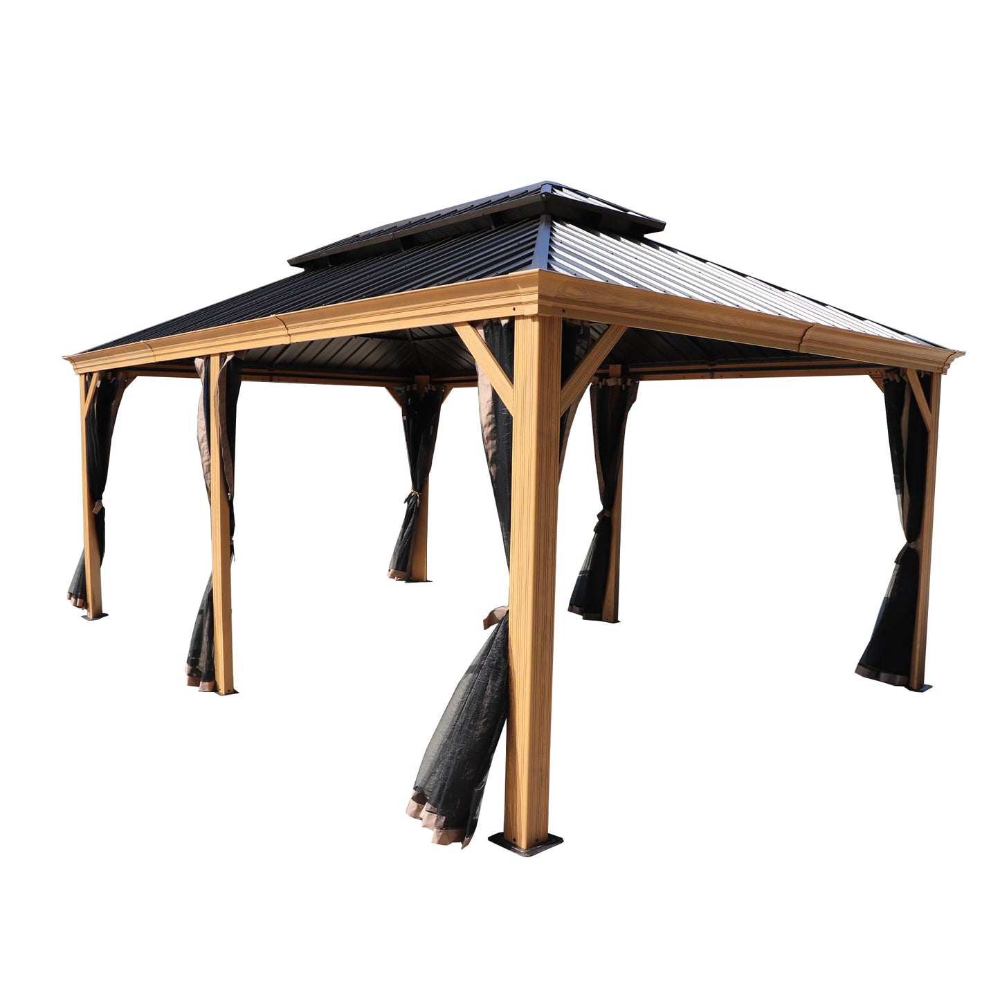 Kozyard Apollo 12’x18’ Hardtop Gazebo, Wooden Coated Aluminum Frame Canopy with Galvanized Steel Double Roof, Outdoor Permanent Metal Pavilion with Netting for Patio, Lawn