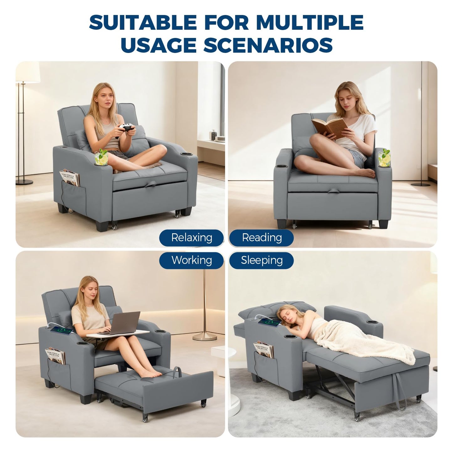 4 in 1 Convertible Sleeper Chair Bed with Vibration Massage Lumbar Pillow, Single Sofa Recliner Featuring USB/Type-C Port, Cup Holders & Side Pocket, Space-Saving Pull Out Bed for Small Spaces, Grey