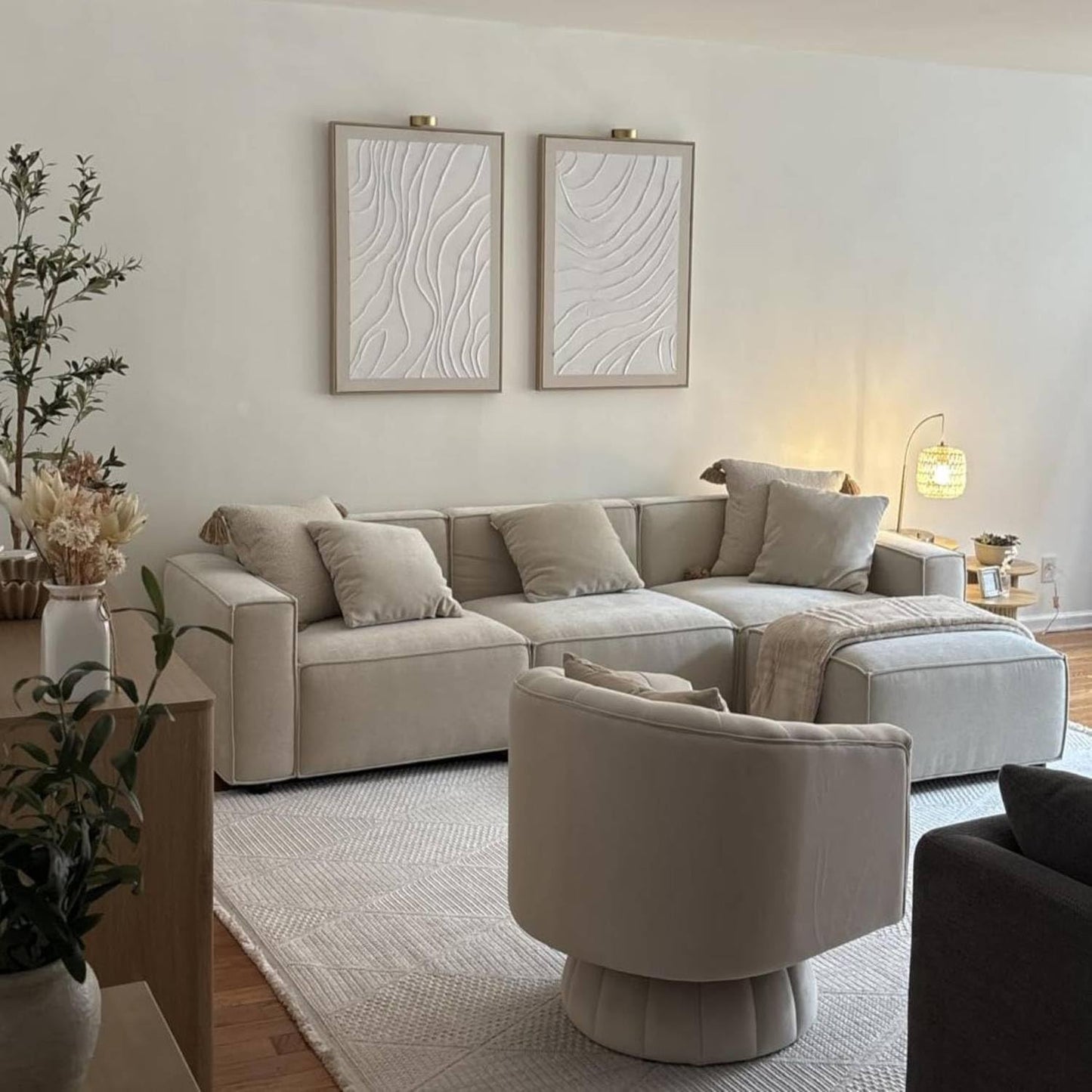 Acanva Luxury Modular Sectional Living Room Sofa Set, Modern Minimalist Style Couch with Ottoman and Chaise, L-Shape, Linen-Like Cream