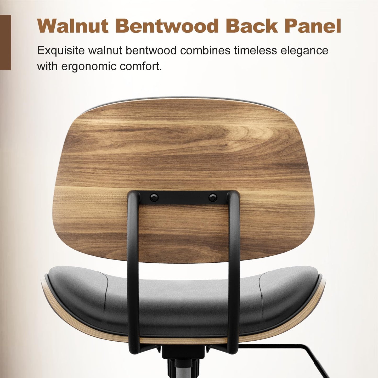 BERYTH Armless Office Chair with Wheels, PU Leather Adjustable Height Desk Chair - 360° Swivel Ergonomic Computer Chair for Small Space, Modern Walnut Style, Home & Meeting Room, Black