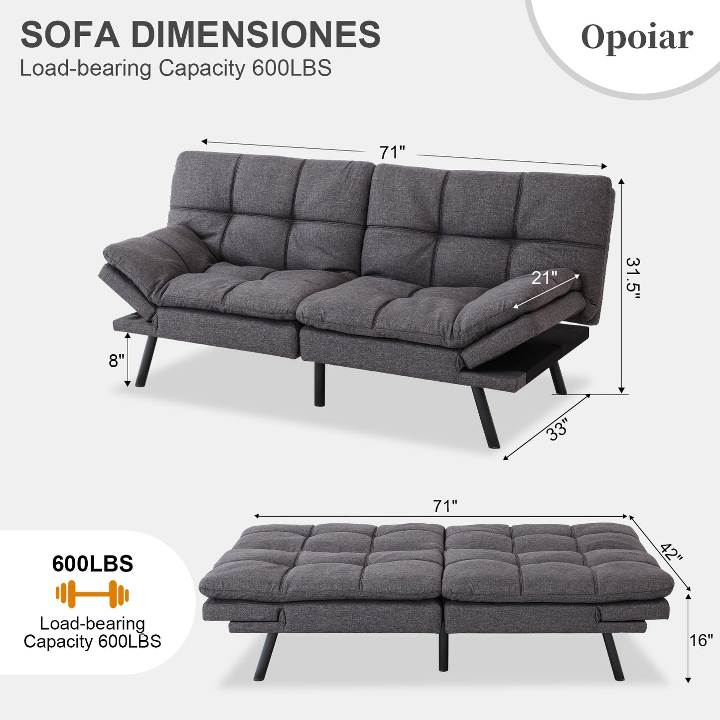 Opoiar Futon Sofa Bed Convertible Memory Foam Grey Couch Bed Futon Sets Folding Modern Sleeper Sofa Gray Loveseat for Studio,Drom,Apartment,Game Room and Small Space