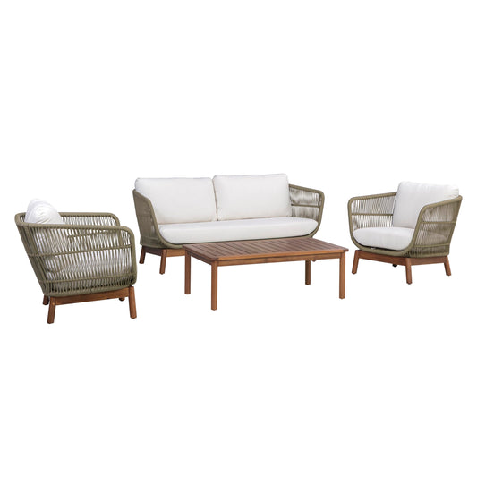 Teamson Home 4-Piece Outdoor Patio Furniture Set with Handwoven Rope, Acacia Wood Coffee Table, Weather-Resistant Cushions, and Aluminum Frame – Natural Brown & Sage Green