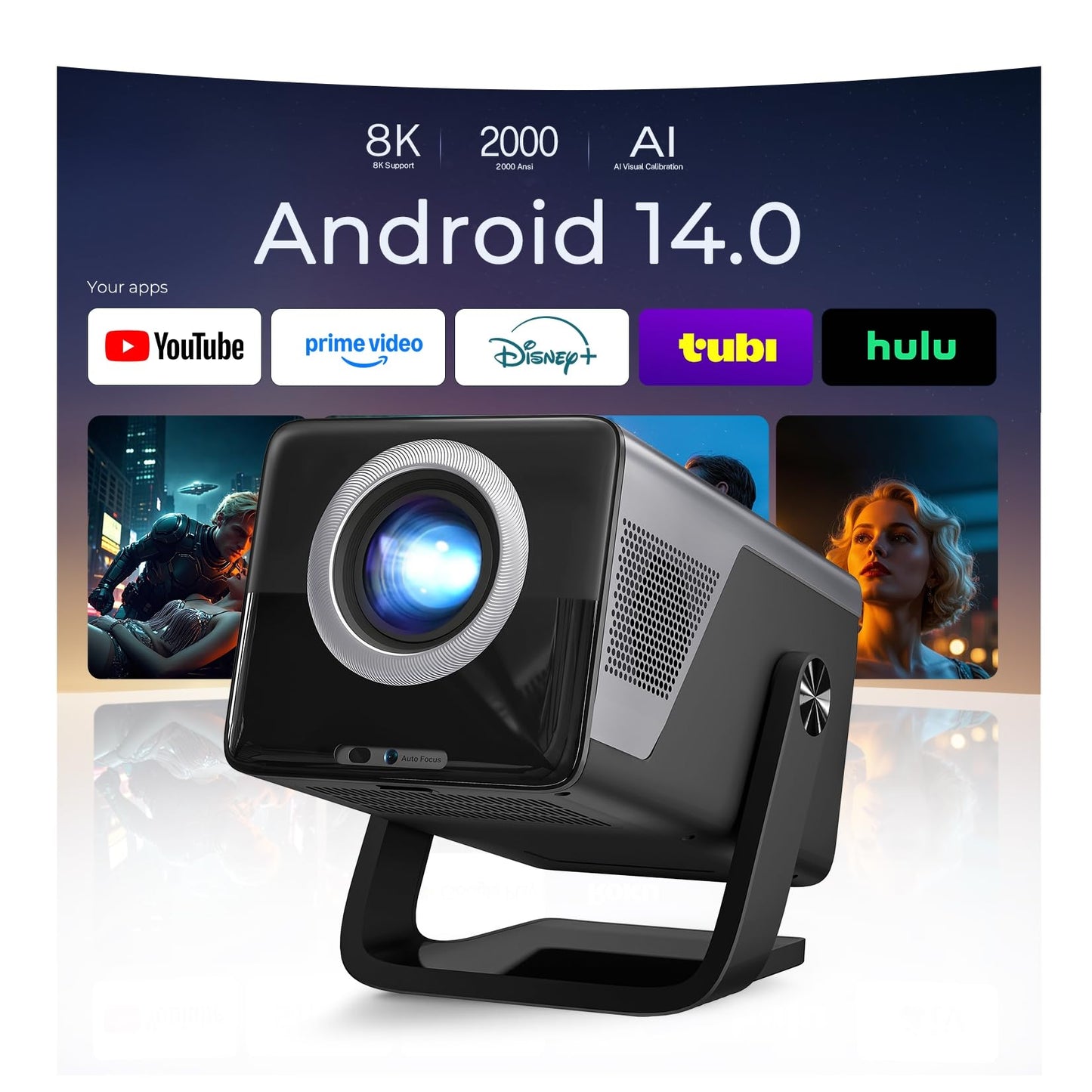 [4K Support/2000 ANSI/AI Visual Calibration] Native 1080P UHD Projector with Android 14 OS, X7 Smart Projector with Hi-Res Audio, Auto Focus&Keystone,WiFi 6&Bluetooth 5.4, 200" Screen for Home Outdoor