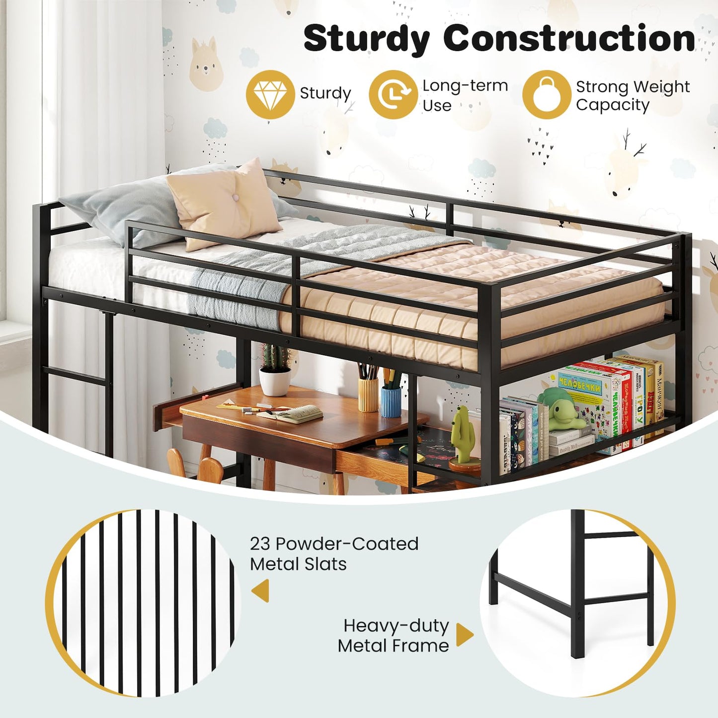 KOMFOTT Twin Size Metal Loft Bed w/Storage Shelves, Heavy Duty Metal Bed Frame w/Safety Guardrails & Ladder, Space-Saving Low Loft Bed for Kids Junior, Under-Bed Space, No Box Spring Needed (Black)