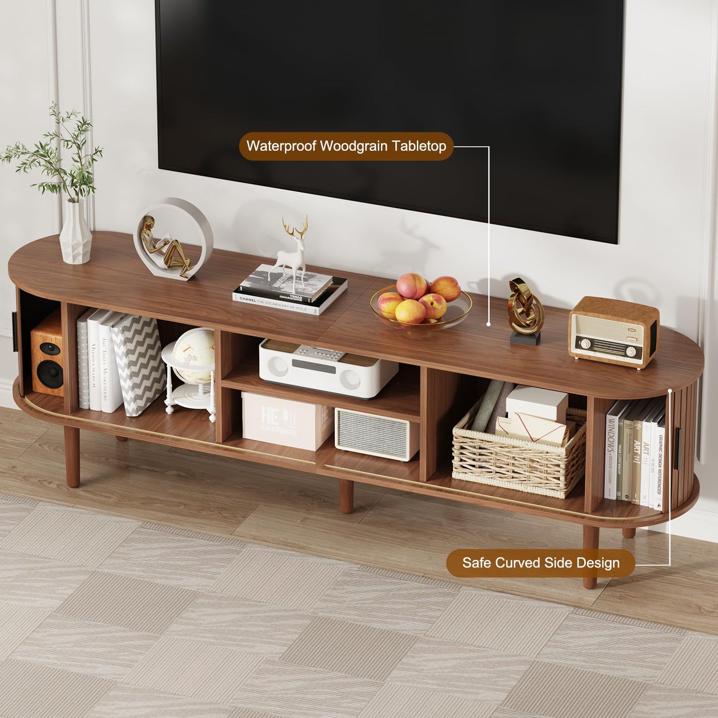 LMSXG-MZ Mid Century Modern TV Stand for Living Room, 70.1-Inch Media TV Console/Bedroom Entertainment Center with Sliding Doors, Fluted Under TV Cabinet for 55/65/75/80 Inch Tvs (Walnut)