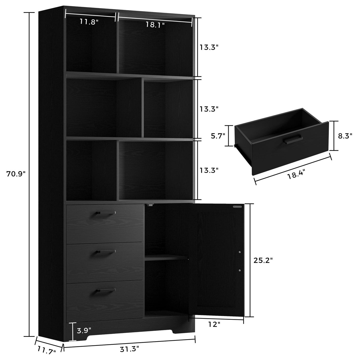 IRONCK Bookshelf, 70.9 Inch Tall Bookcase, Black Book Shelf with Doors and 3 Drawers, 3-Tier Bookshelves with 6 Open Cubes for Home Office, Living Room, Study