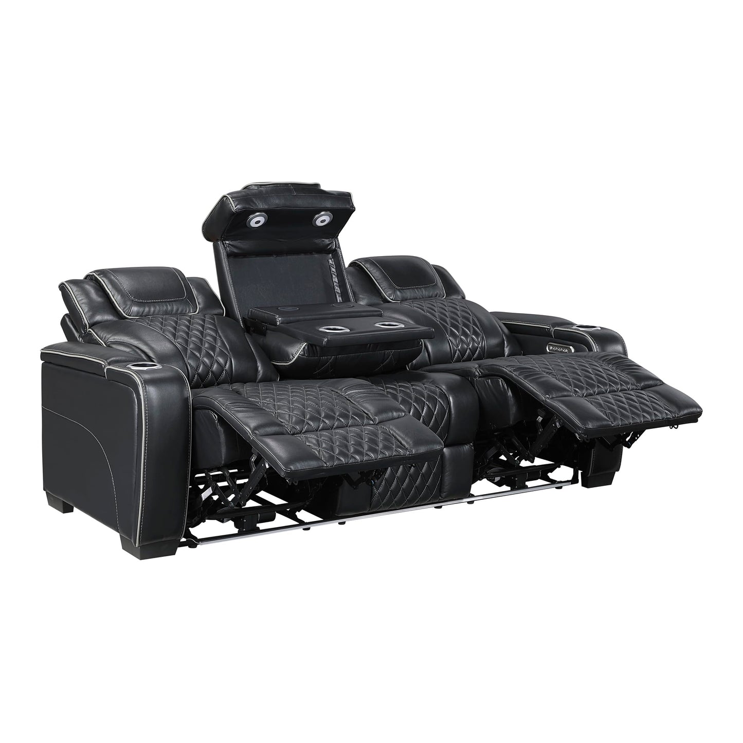 Lexicon Power Double Reclining Sofa, Center Drop-Down Table with Heat/Massage/Headrest/Storage Arms/Cup Holders/LED Lights/Wireless Charging, Top Grain Leather Match Wall Hugger Recliner Sofa, Black