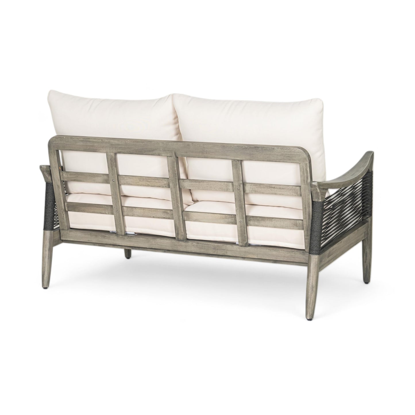 Christopher Knight Home Havets 2 Piece Patio Conversation Sets, Outdoor Acacia Wood Patio Seating Group,Woven Rope Loveseat with Cushions and Coffee Table for Porch Garden Backyard Balcony, Gray+Beige