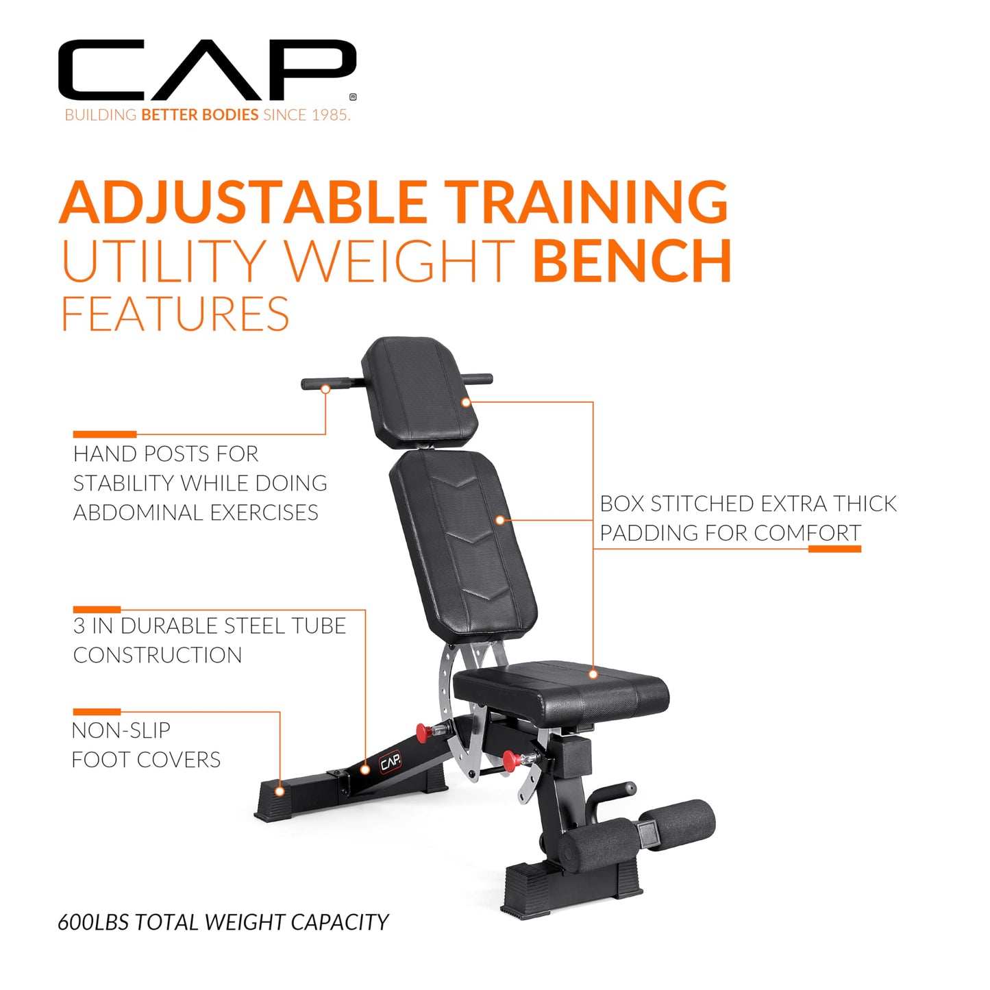 CAP Barbell Adjustable Training Utility Weight Bench | Multi-Position Incline Bench with 6 Backrest Adjustments, Leg Anchor, Wheels & 600 LB Capacity | Home Gym Strength Bench
