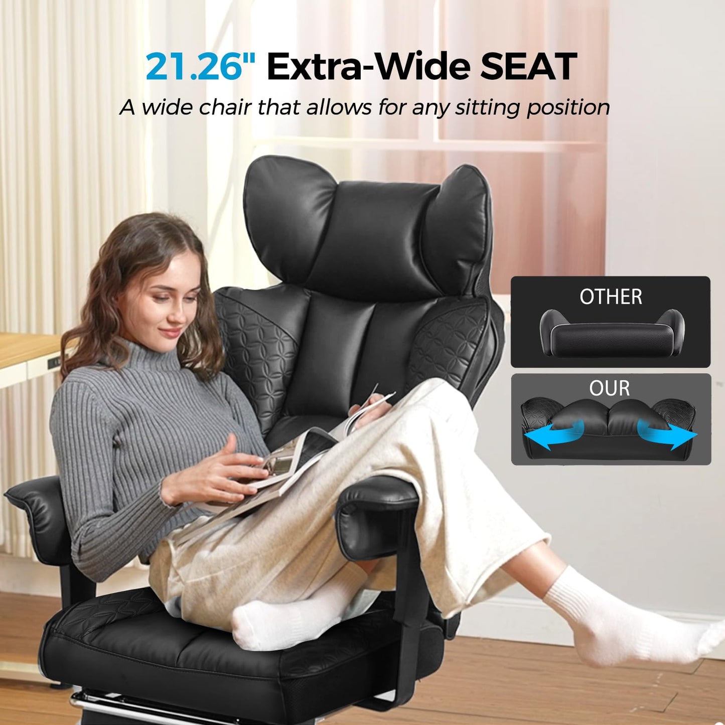 COMHOMA Big and Tall Office Chair Heavy Duty Wide Ergonomic Gaming Chair with Deluxe Embossing Leather with Foot Rest 150°Reclining Adjustable Armrests Pocket Spring Back Support and Without Pillow