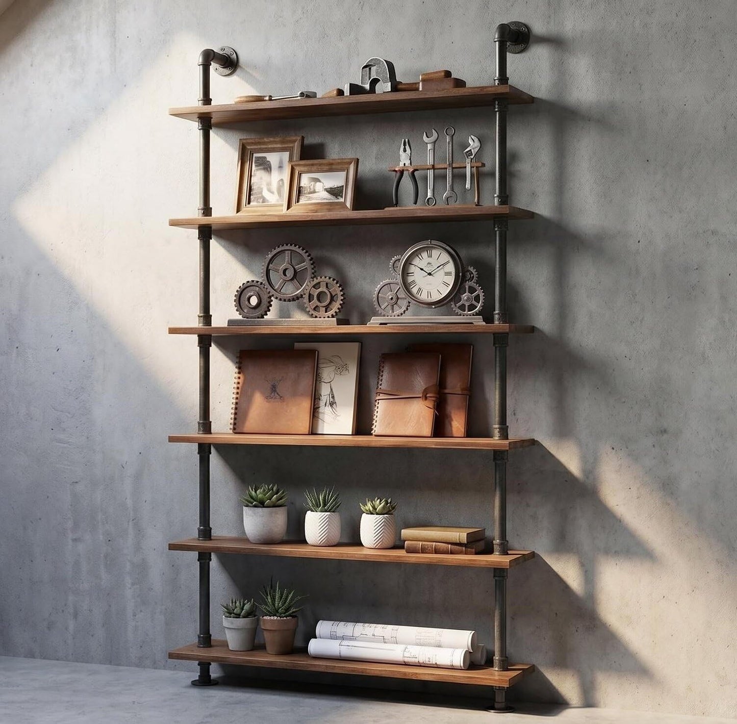 Diwhy Industrial Pipe Bookshelf, 6 Layer Rustic Modern Wood Ladder Shelf with Metal Frame, Home Decor, Display Shelving, Retro Floating Shelving, 35.4x9.8x79in, 10-20lbs, Pine