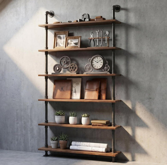 Diwhy Industrial Pipe Bookshelf, 6 Layer Rustic Modern Wood Ladder Shelf with Metal Frame, Home Decor, Display Shelving, Retro Floating Shelving, 35.4x9.8x79in, 10-20lbs, Pine