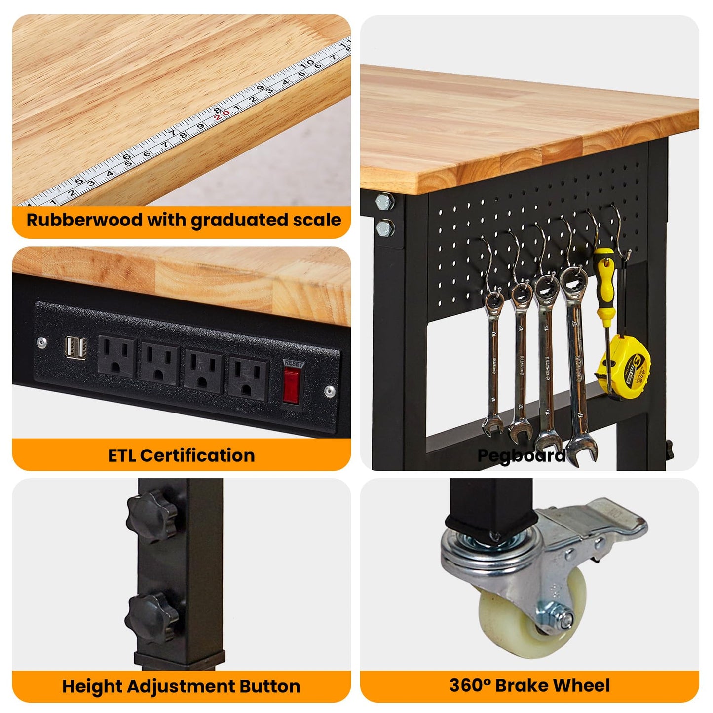 60" Adjustable Workbench with Power Outlet, 2000LBS Capacity Solid Rubber Wood Top & Thickened Steel Legs, 8-Levels Adjustable Heigh Work Table, Easy Assembly for Garage, Workshop, Home