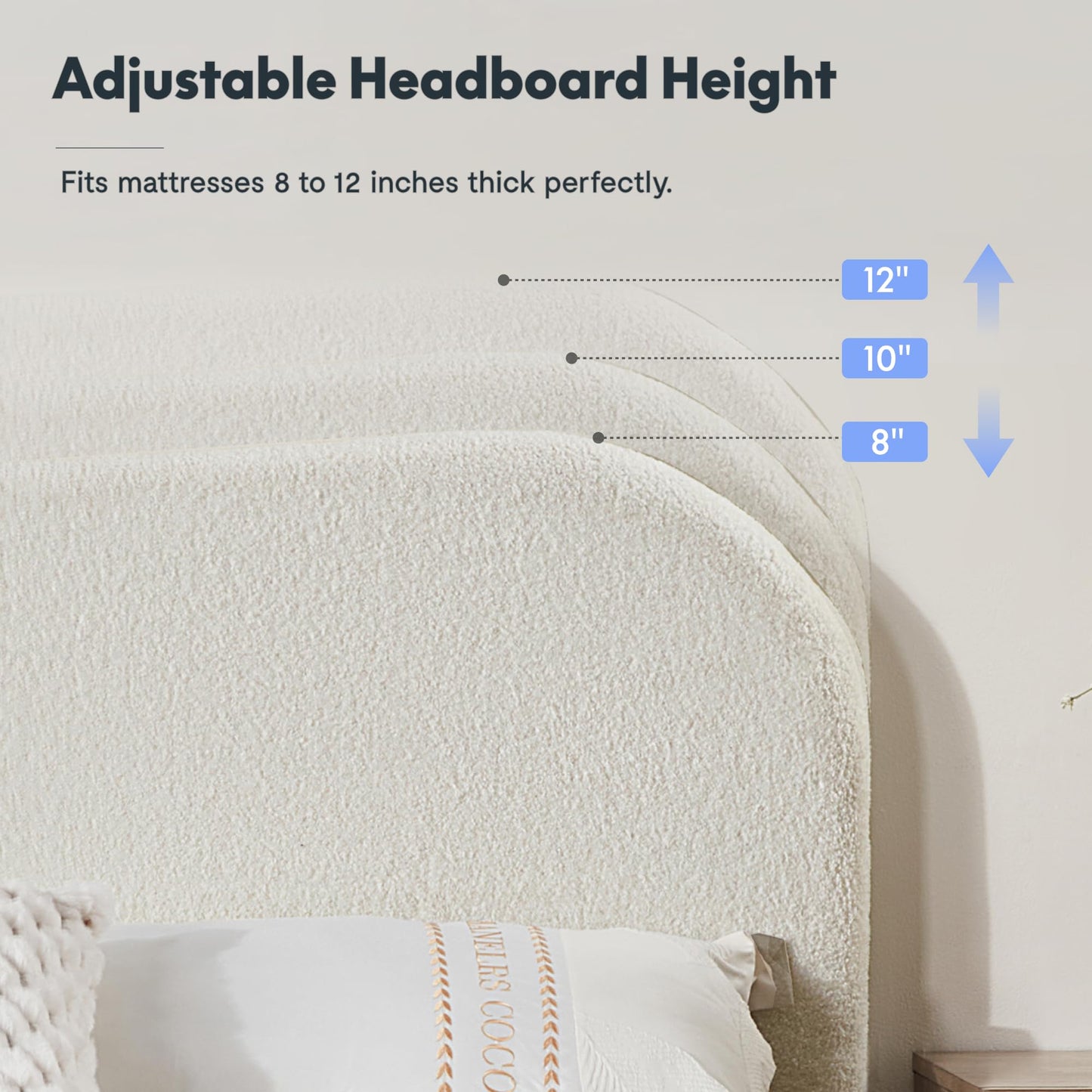 FLEXISPOT Queen Size Boucle Bed Frame, Upholstered Cloud Platform Bed with Adjustable Headboard, Plush Padding, Solid Wood Legs, Bonus LED Wall Light, No Box Spring Needed, Easy Assembly, White