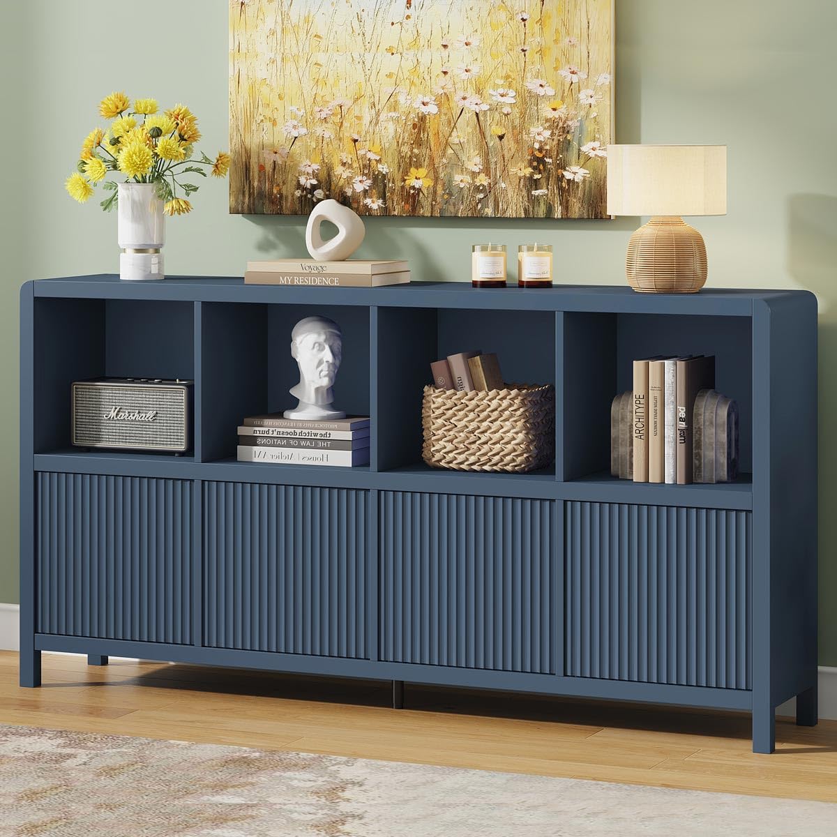 FATORRI 8 Cube Bookcase with 4 Doors, Wooden Bookshelf with Storage Cabinet, Low Horizontal Storage Book Shelf for Home Office, Living Room, Dining (57 Inch Blue)